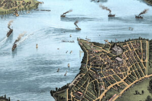 Restored and colorized 1885 vintage map of Lake Chautauqua, New York showing steamboats, shoreline villages, wooded hills, railroads, farms, and historic lakefront communities.