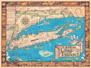 Colorful 1933 pictorial map of Long Island, New York, showing villages, lighthouses, ships, and ornamental border vignettes.