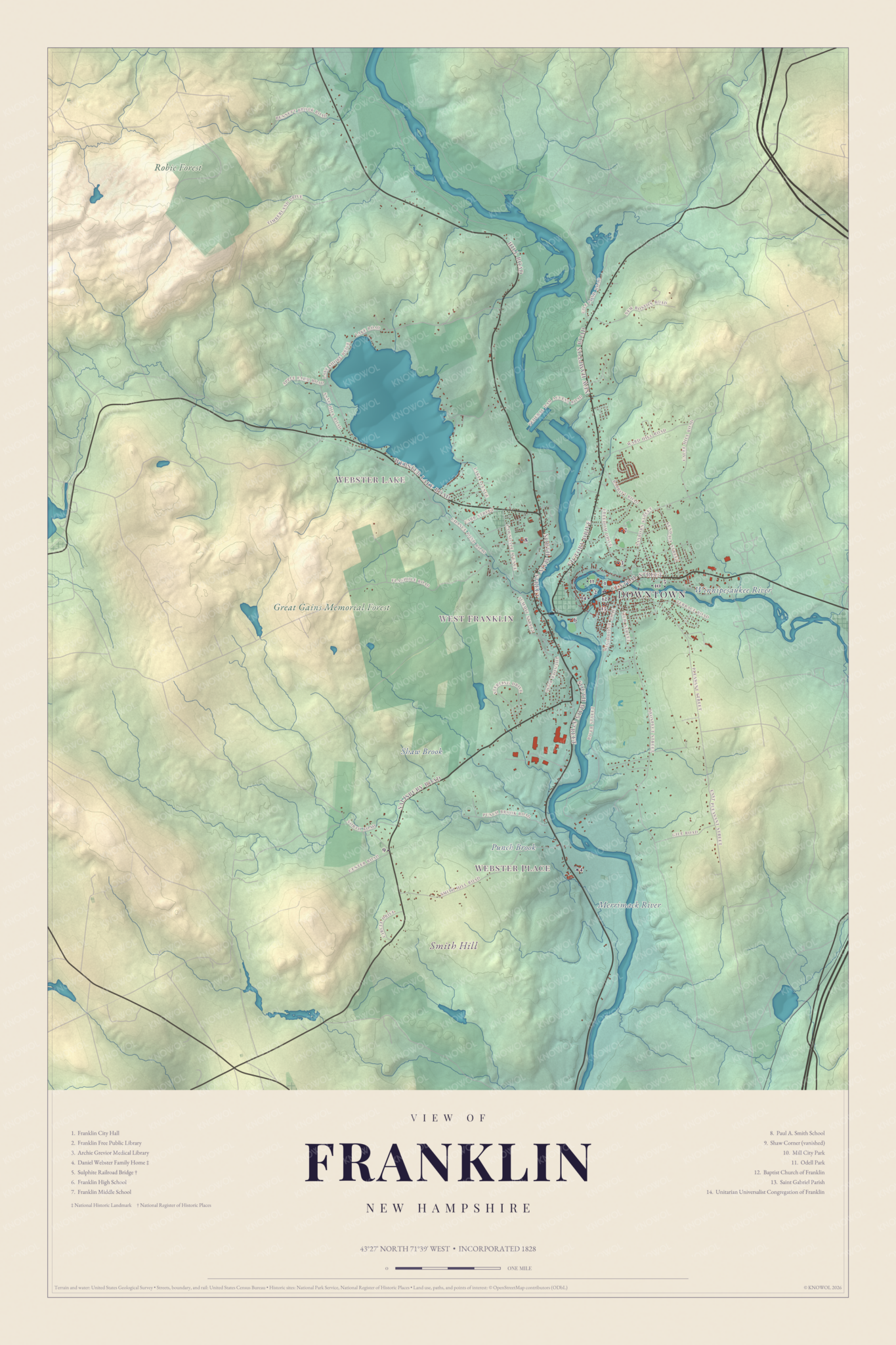 Map of Franklin, New Hampshire