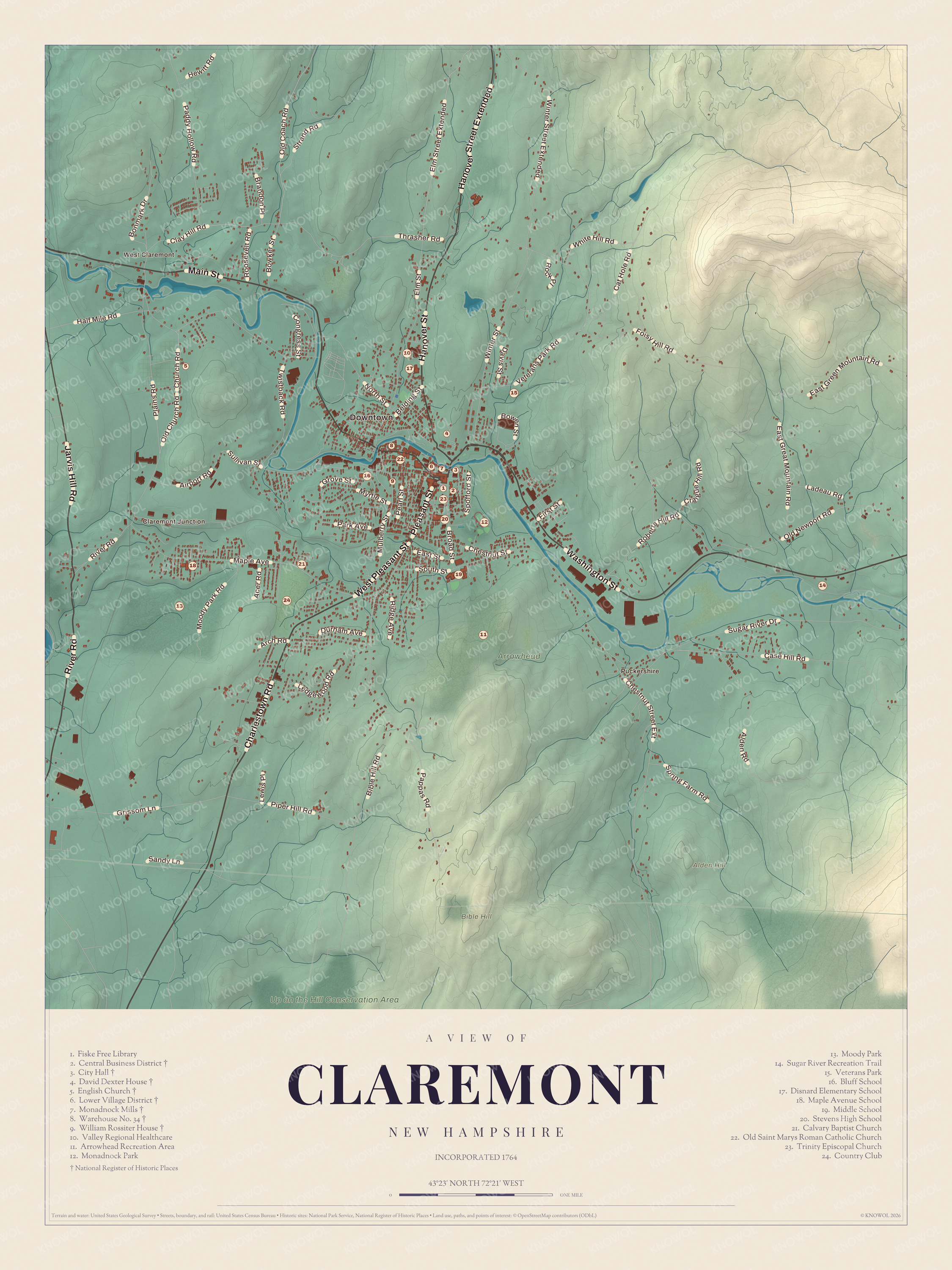 Map of Claremont, New Hampshire