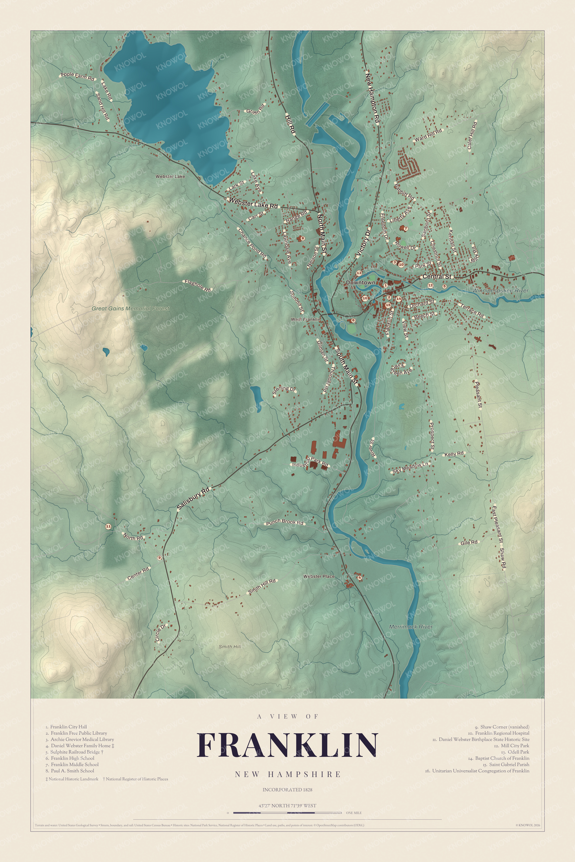 Map of Franklin, New Hampshire