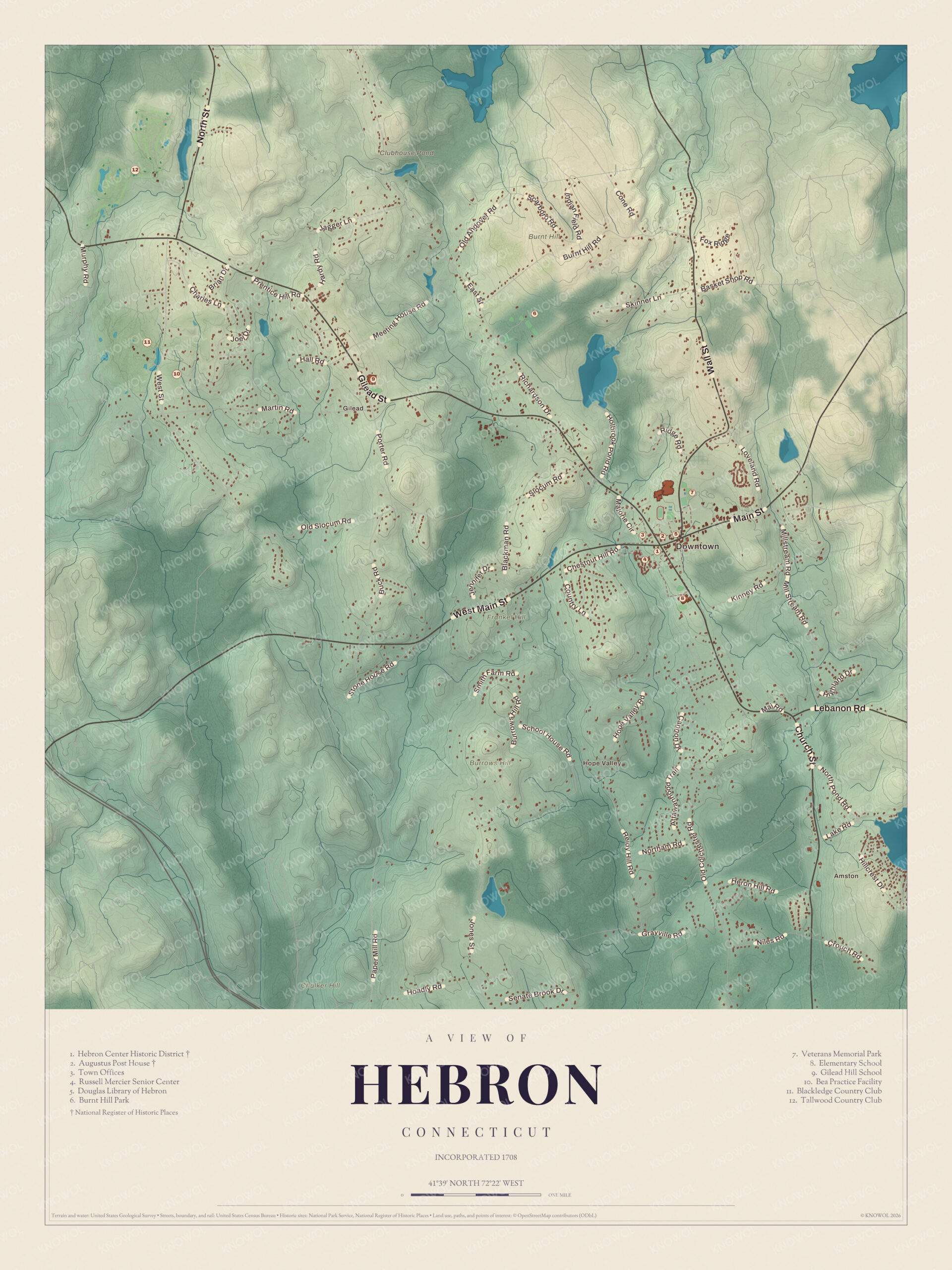 Map of Hebron, Connecticut