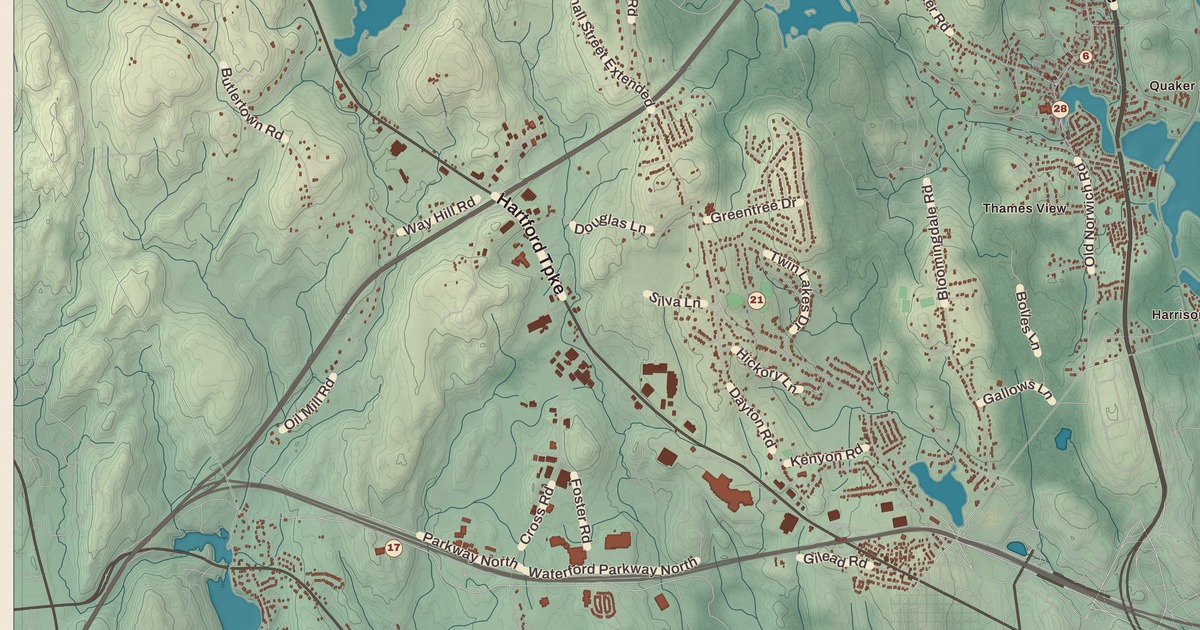 Beautifully Detailed Map of Waterford, Connecticut