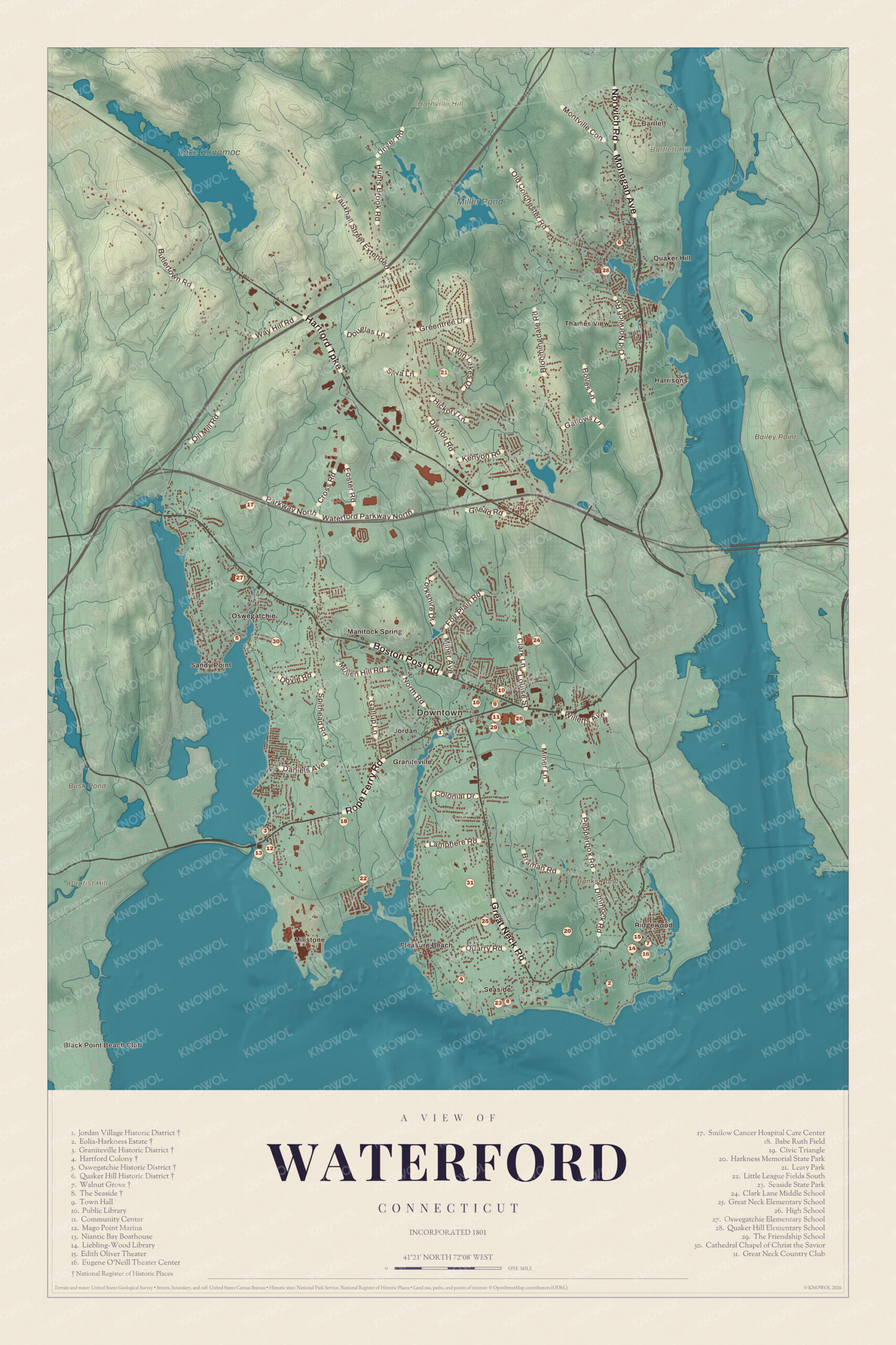 Map of Waterford, Connecticut