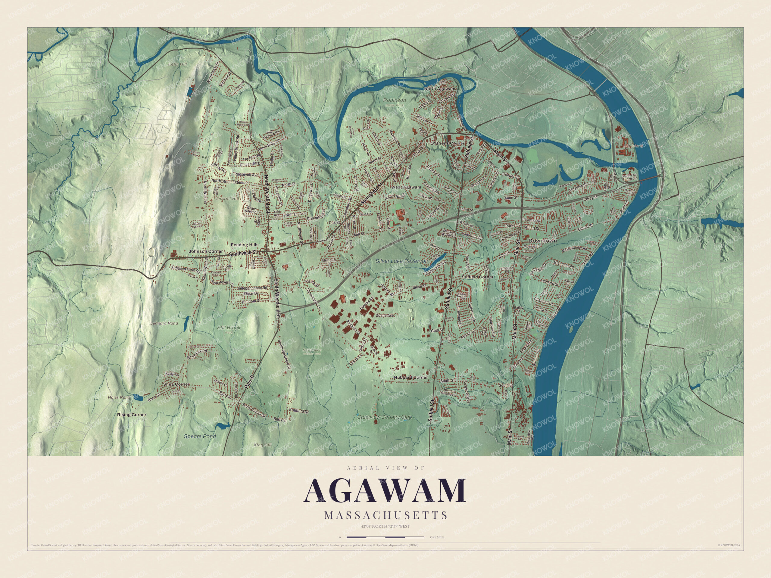Protected watermarked complete map of Agawam, Massachusetts