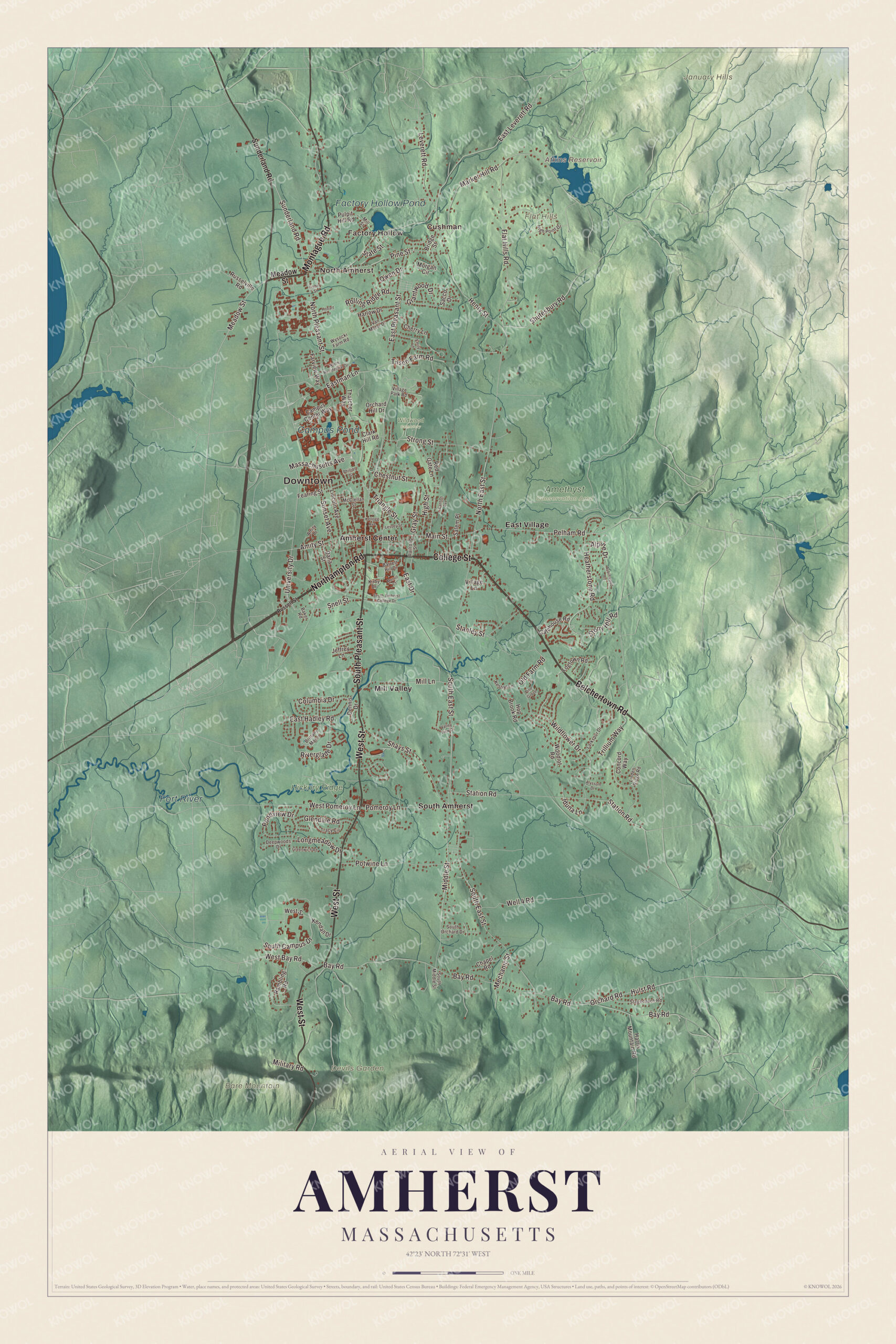 Protected watermarked complete map of Amherst, Massachusetts