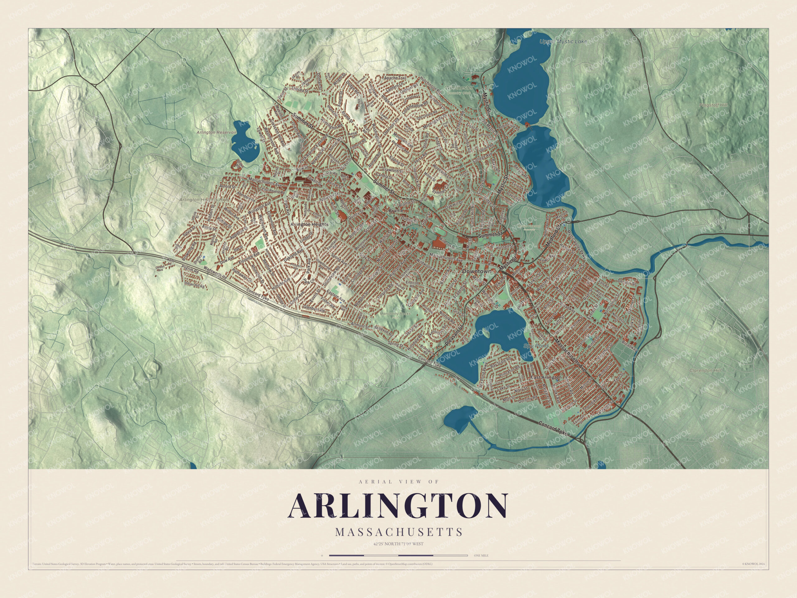 Protected watermarked complete map of Arlington, Massachusetts