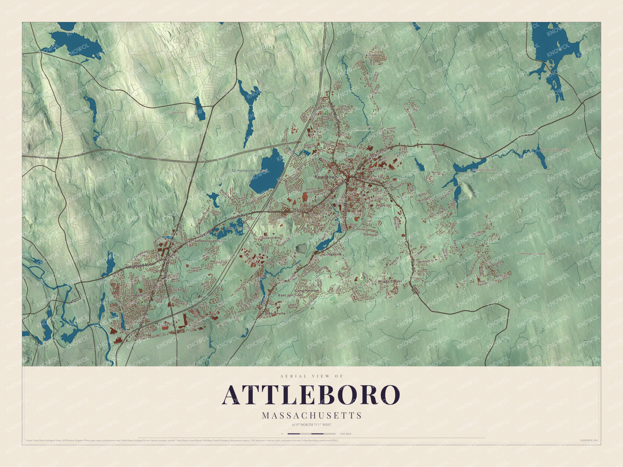 Protected watermarked complete map of Attleboro, Massachusetts