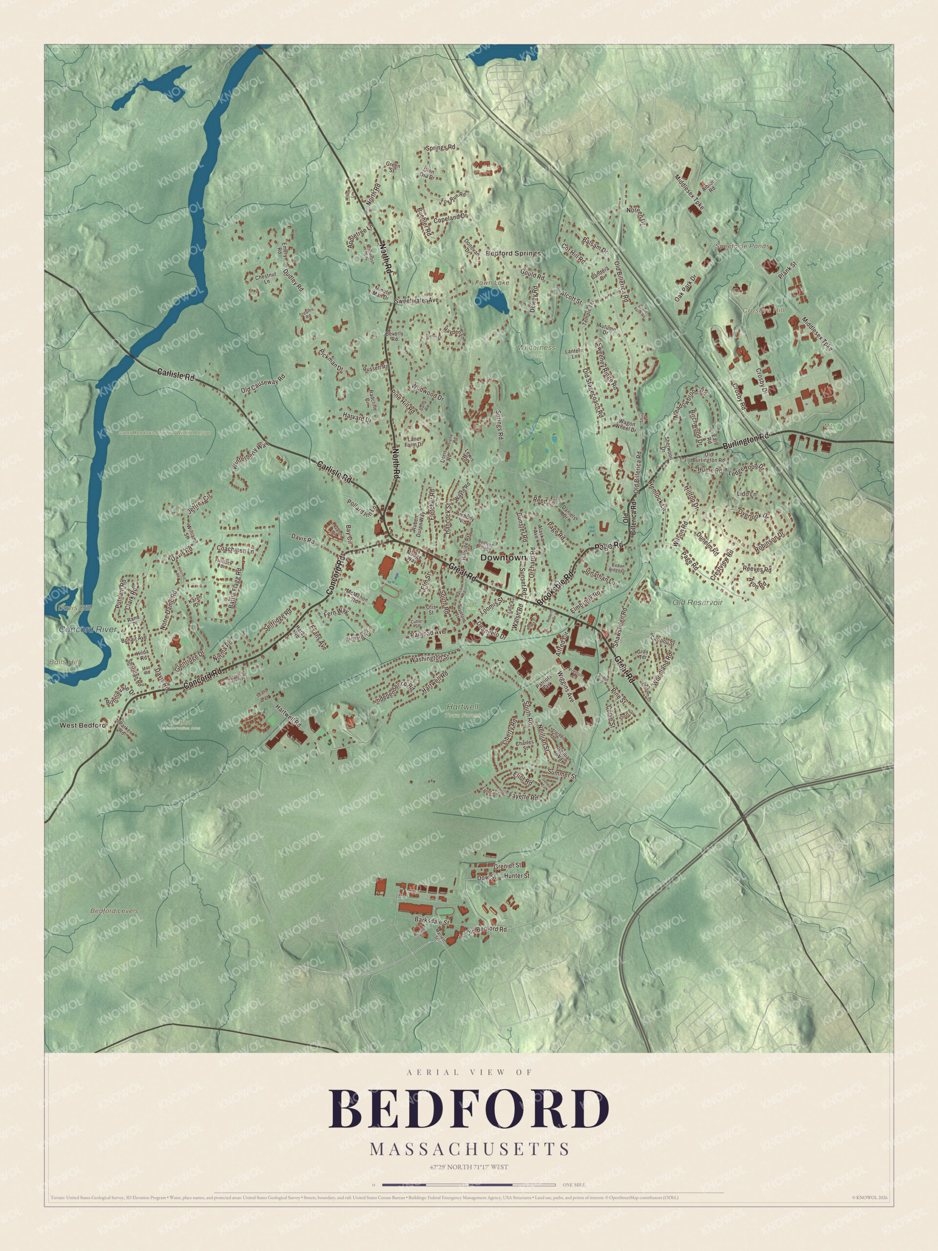 Protected watermarked complete map of Bedford, Massachusetts