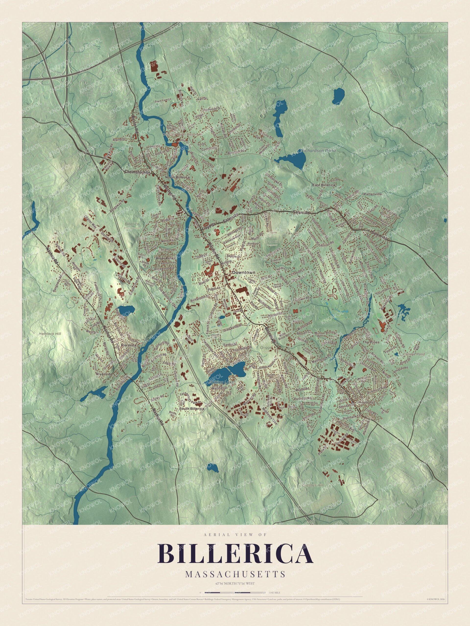 Protected watermarked complete map of Billerica, Massachusetts