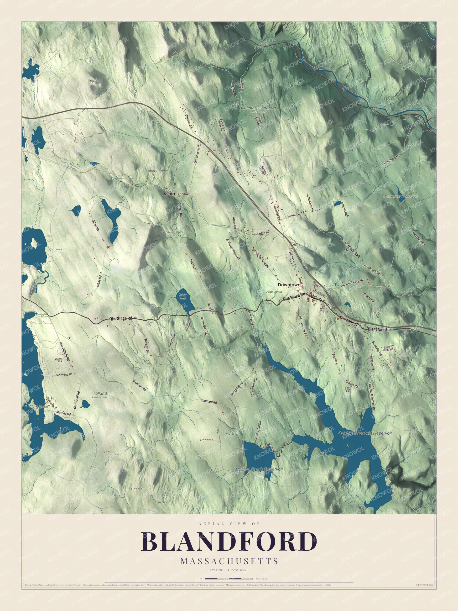 Protected watermarked complete map of Blandford, Massachusetts