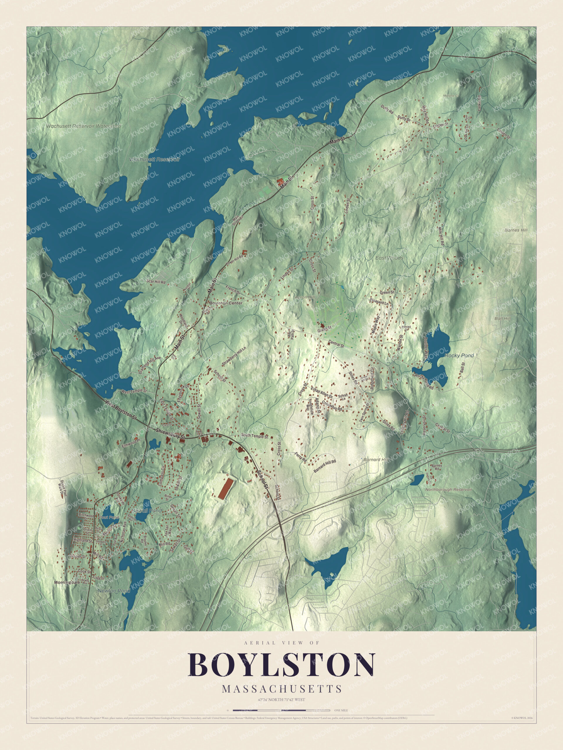 Protected watermarked complete map of Boylston, Massachusetts