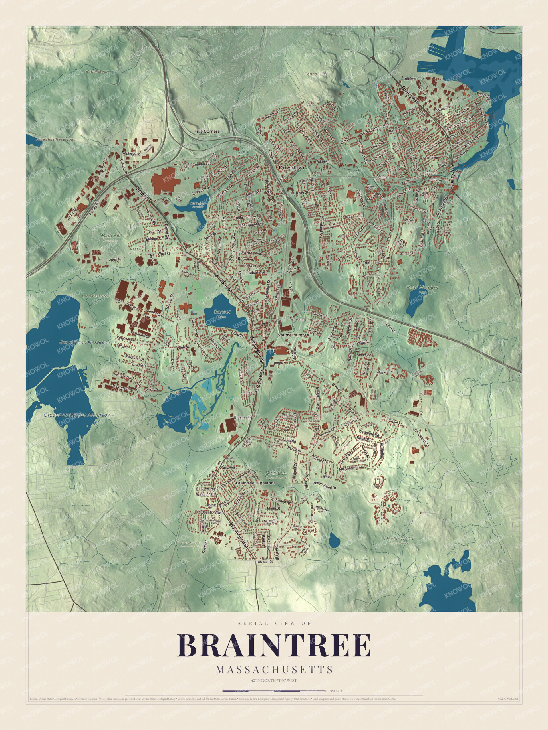 Protected watermarked complete map of Braintree, Massachusetts
