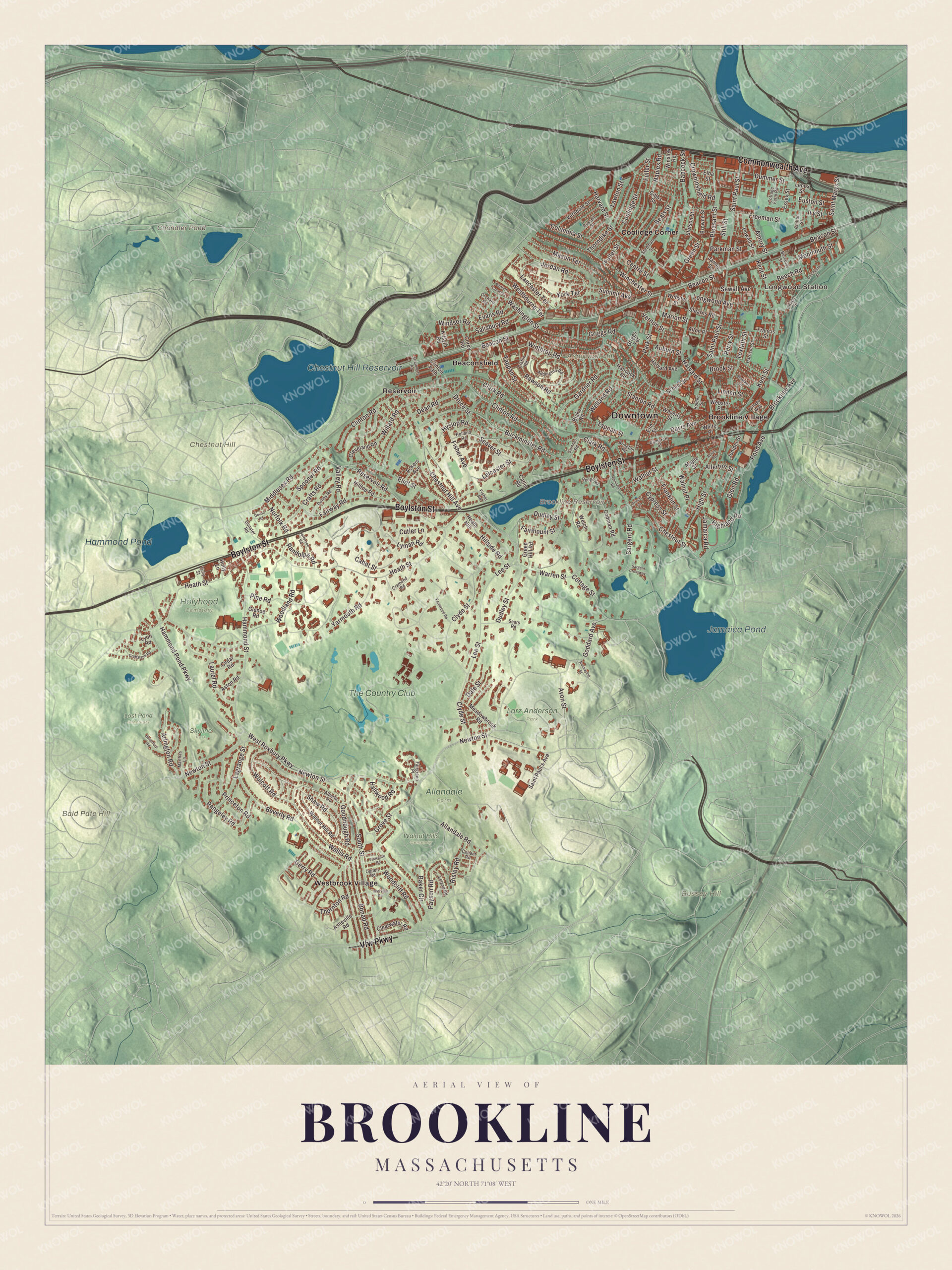 Protected watermarked complete map of Brookline, Massachusetts