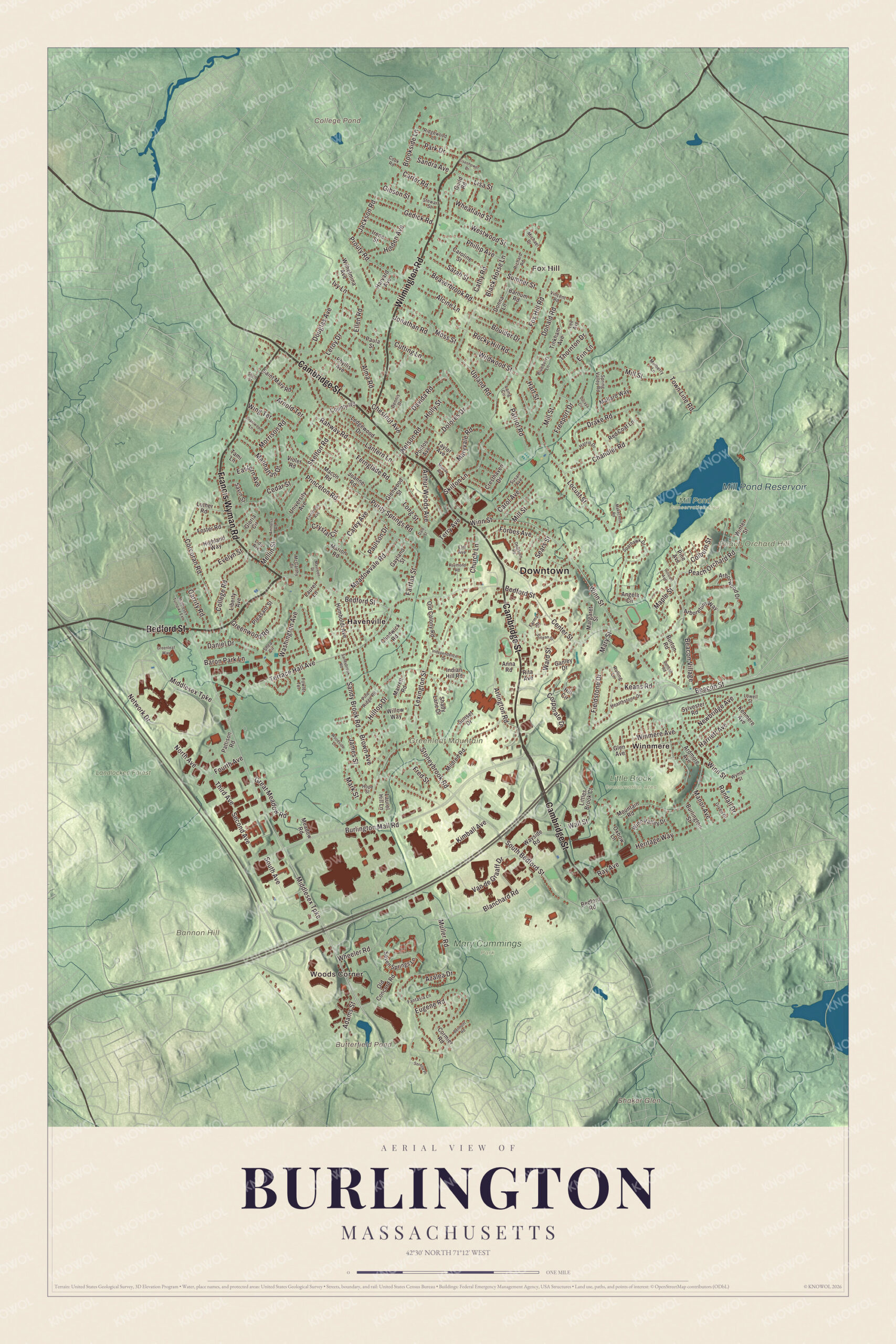Protected watermarked complete map of Burlington, Massachusetts