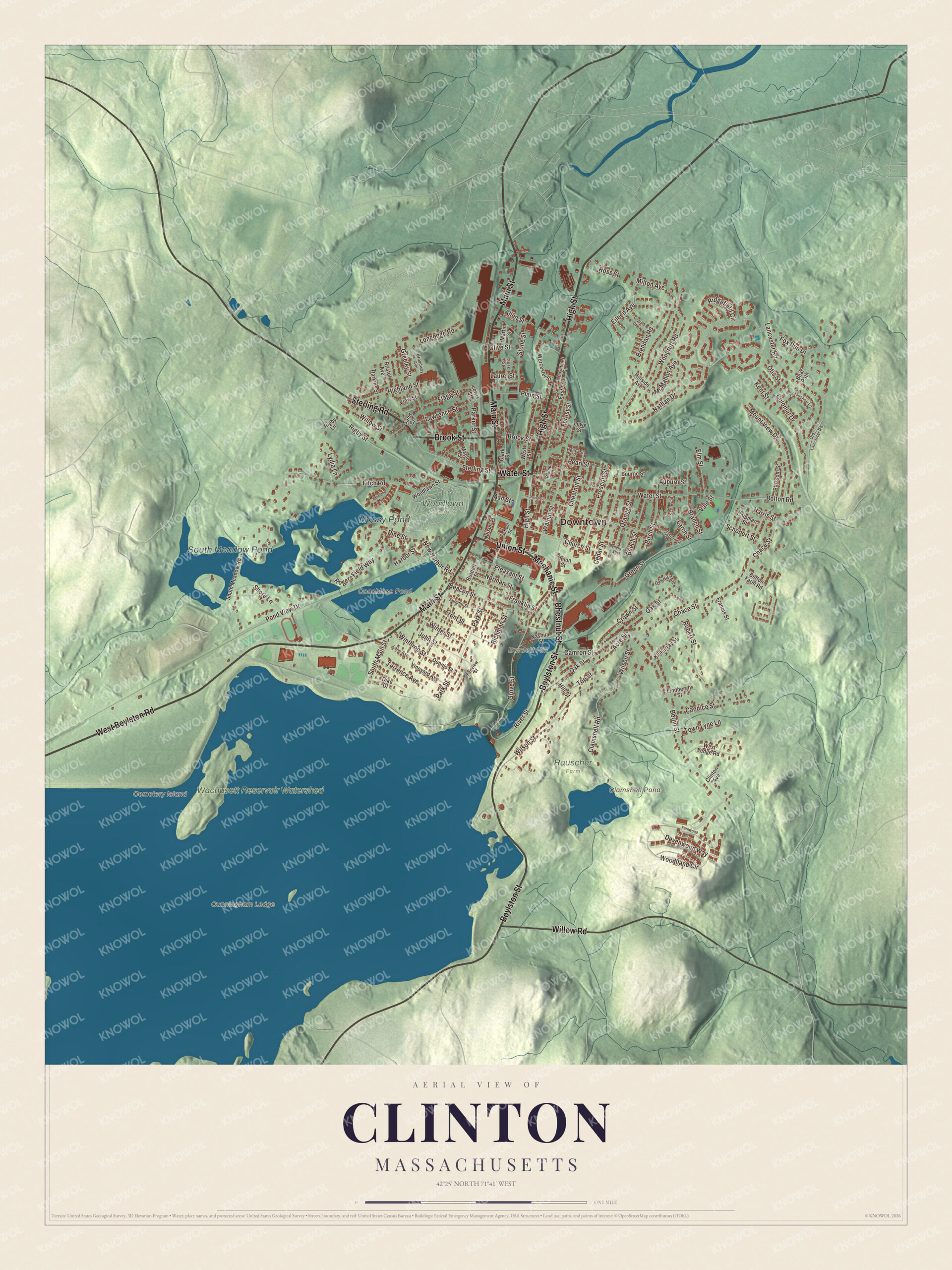 Protected watermarked complete map of Clinton, Massachusetts