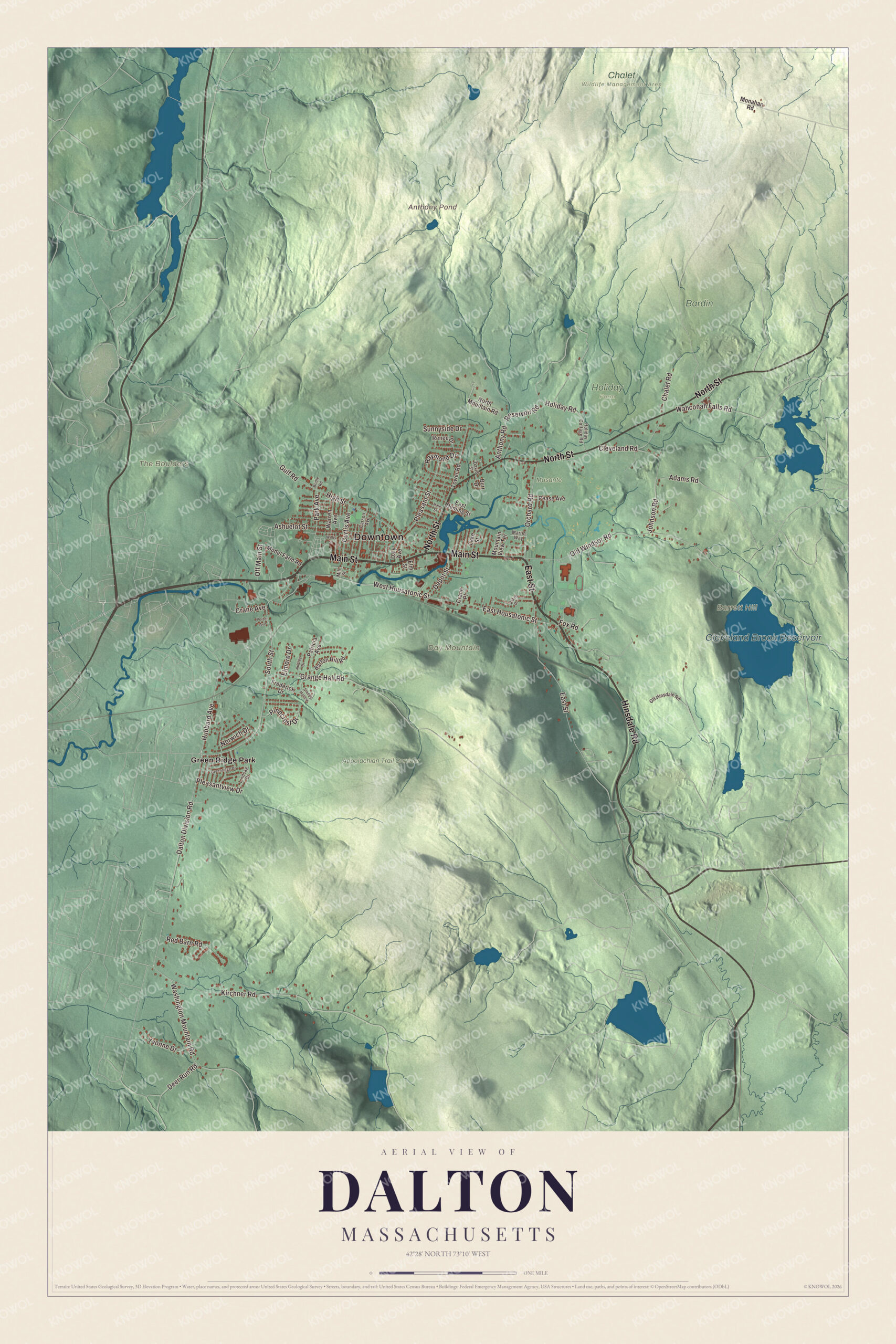 Protected watermarked complete map of Dalton, Massachusetts