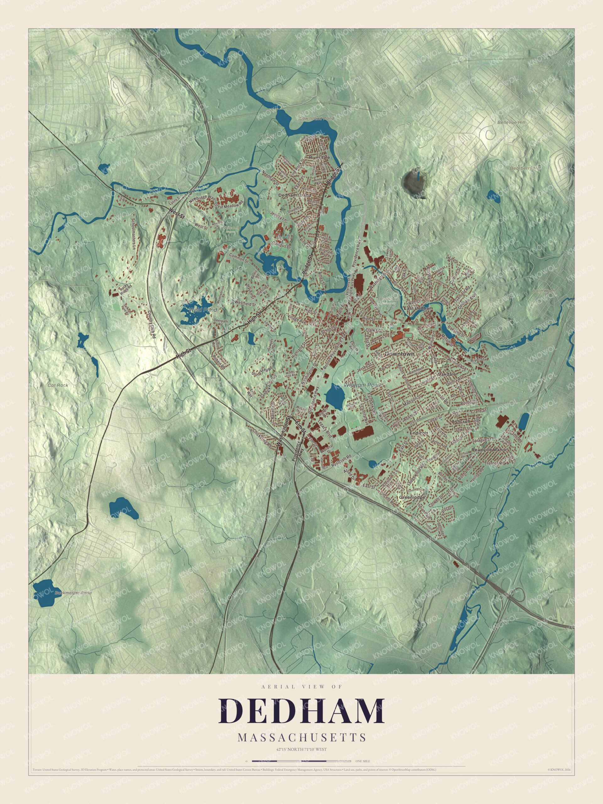 Protected watermarked complete map of Dedham, Massachusetts