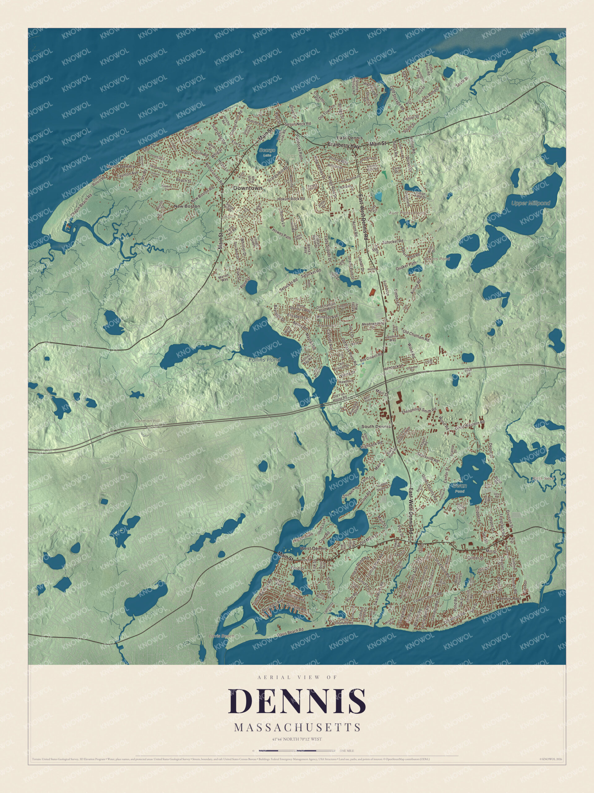Protected watermarked complete map of Dennis, Massachusetts