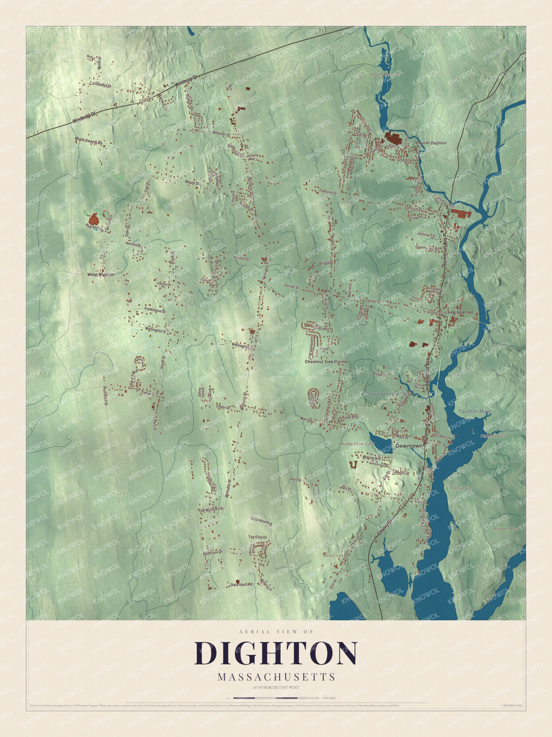 Protected watermarked complete map of Dighton, Massachusetts