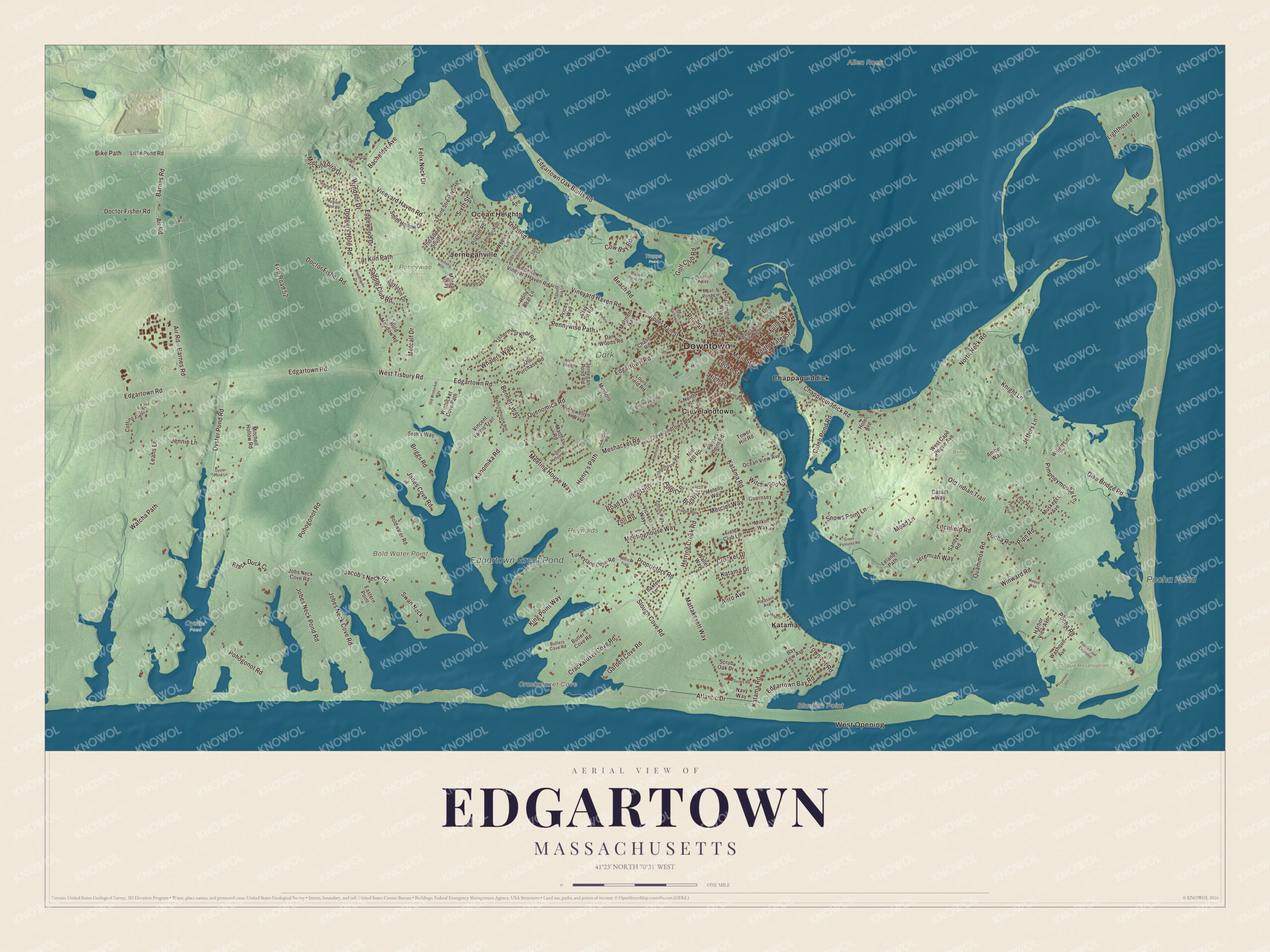 Protected watermarked complete map of Edgartown, Massachusetts