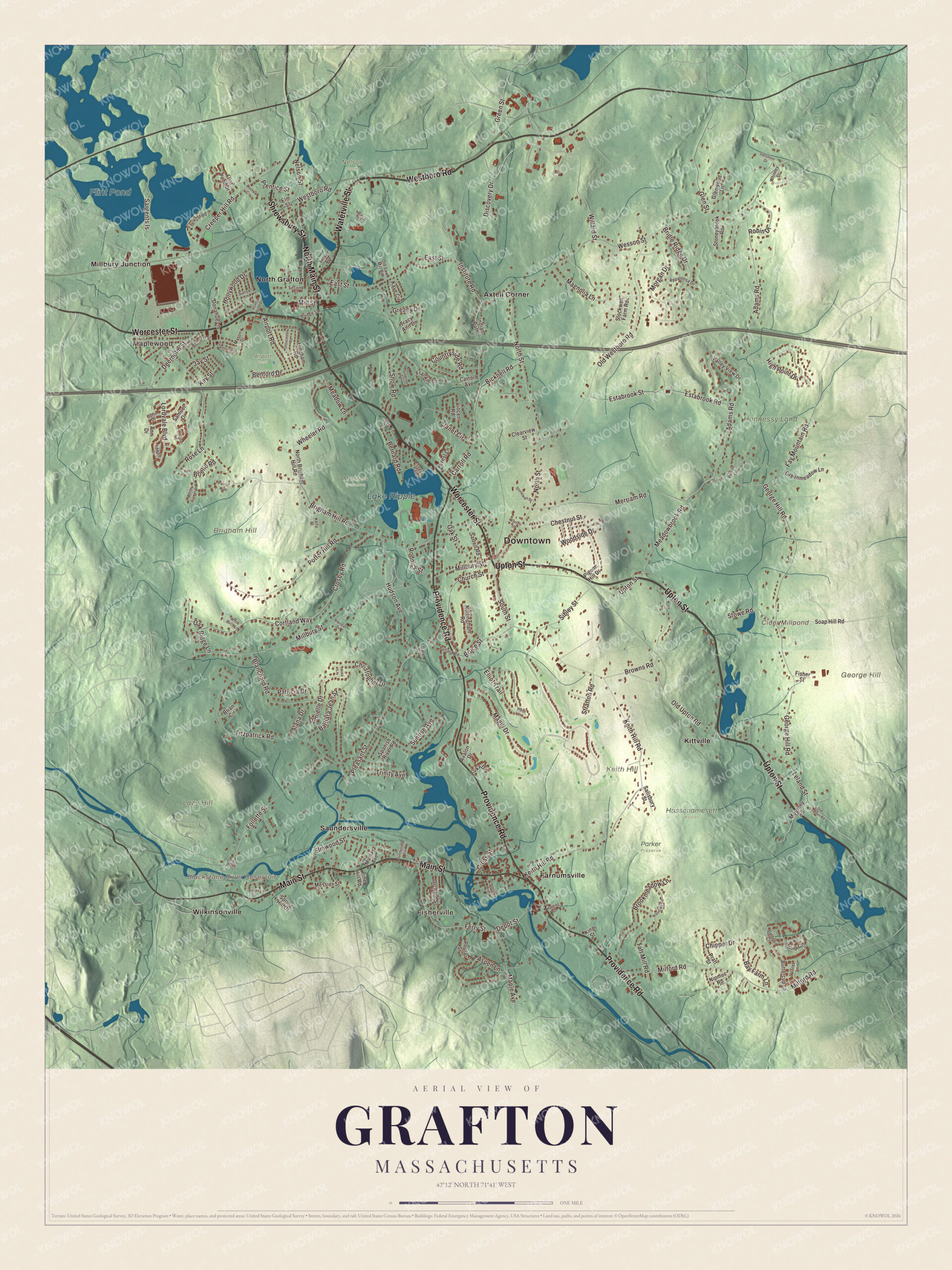 Protected watermarked complete map of Grafton, Massachusetts