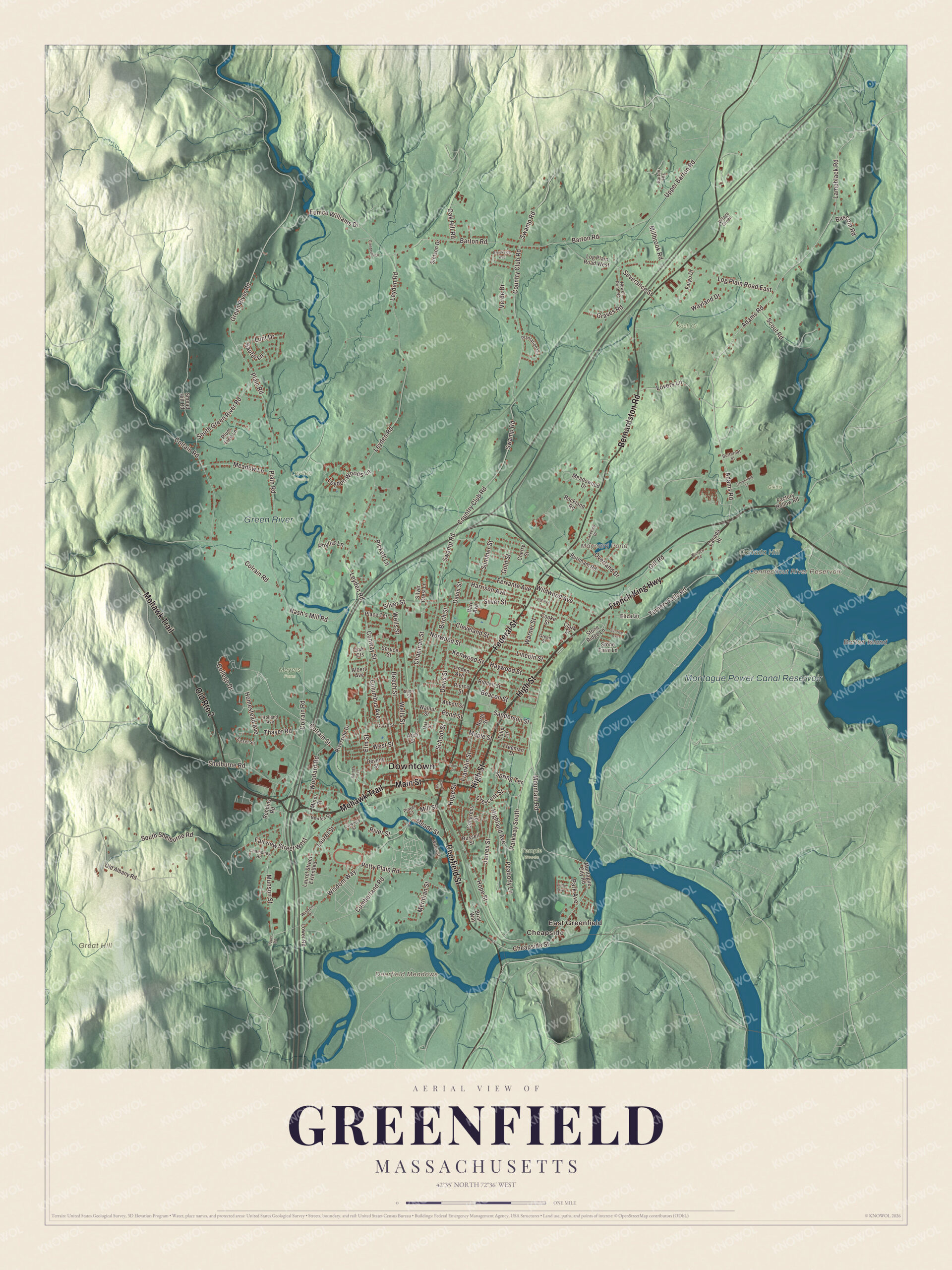 Protected watermarked complete map of Greenfield, Massachusetts
