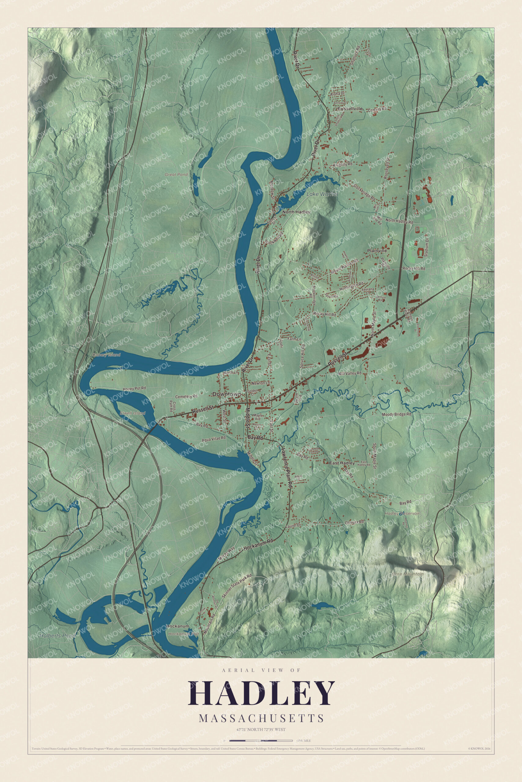 Protected watermarked complete map of Hadley, Massachusetts