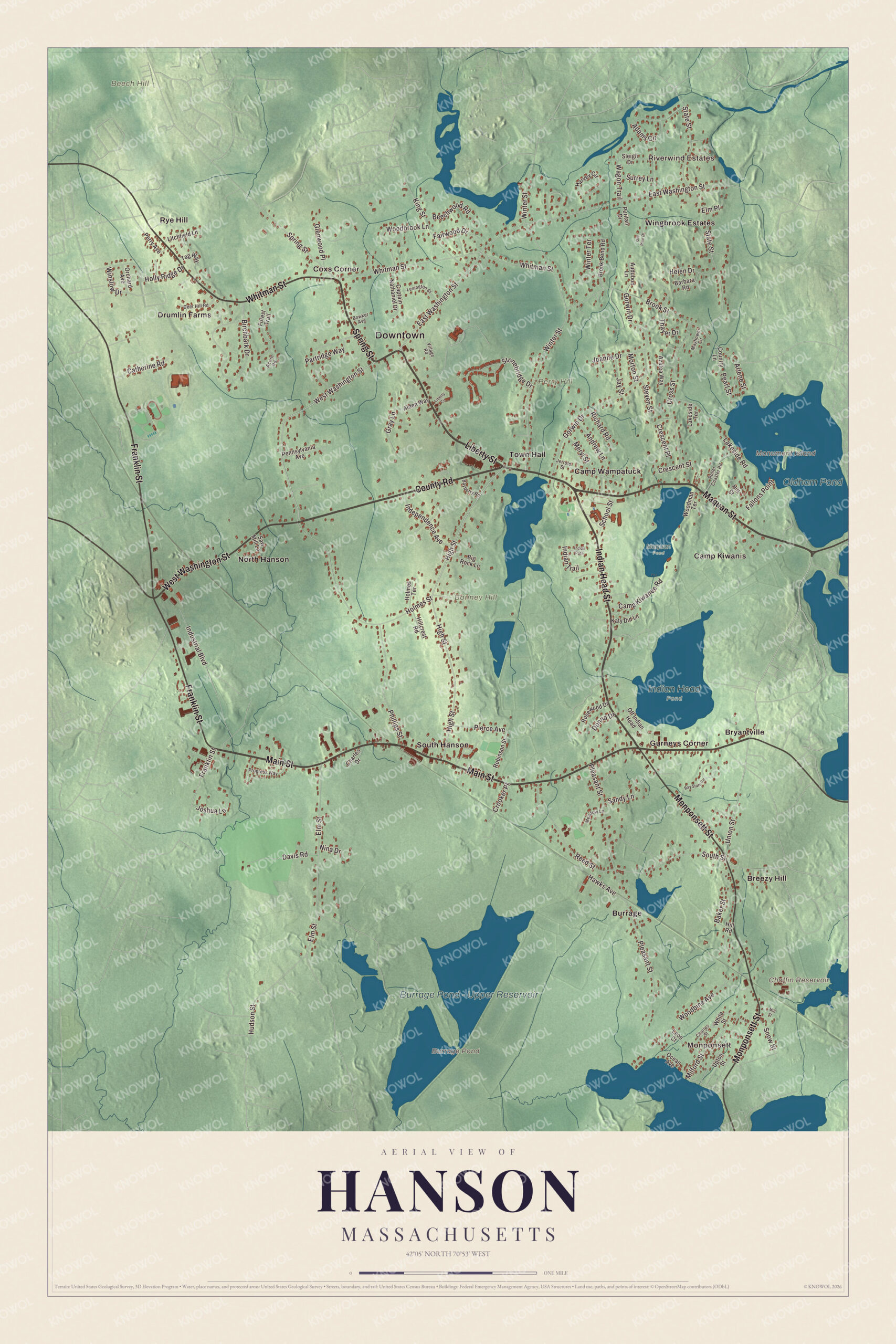 Protected watermarked complete map of Hanson, Massachusetts