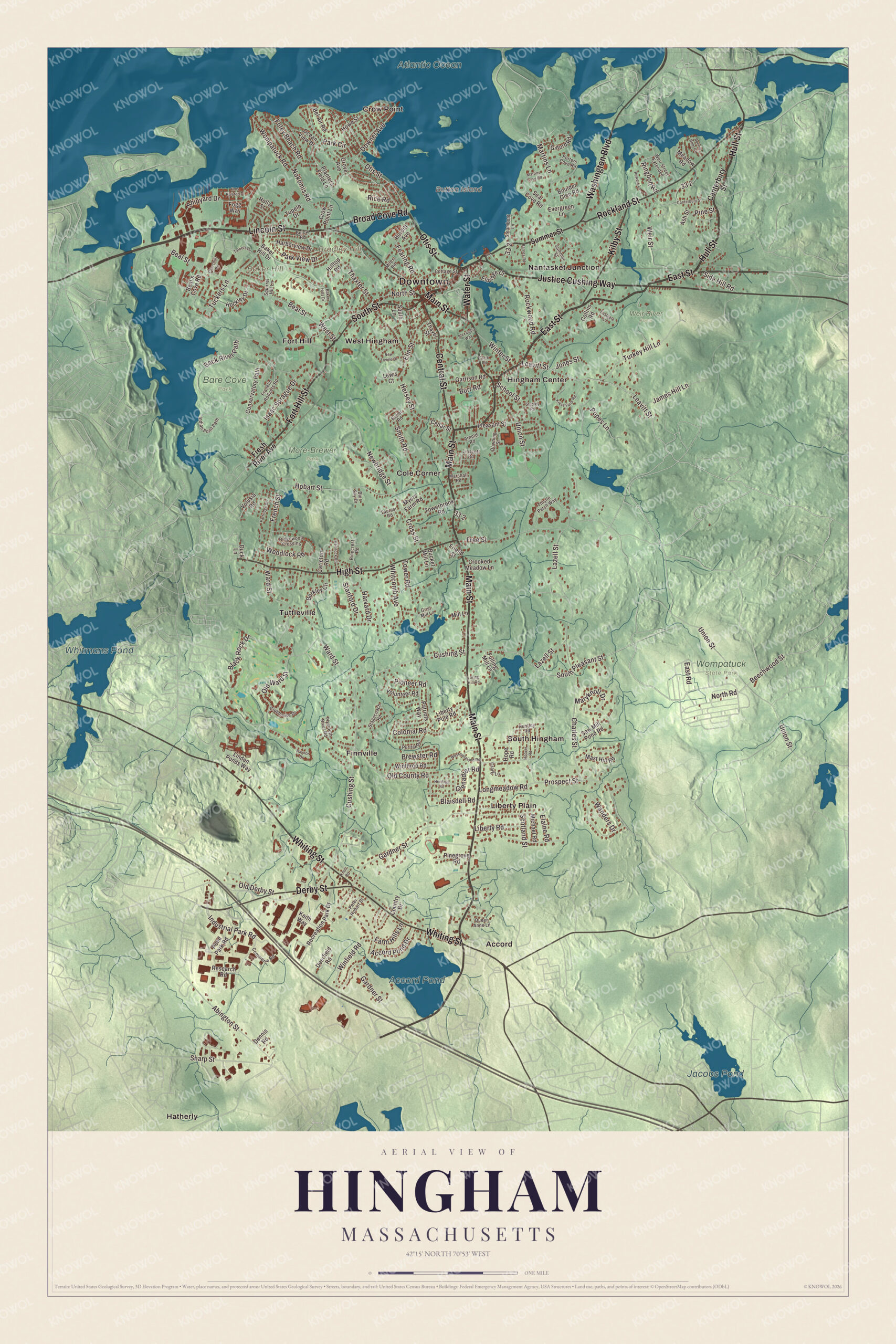 Protected watermarked complete map of Hingham, Massachusetts