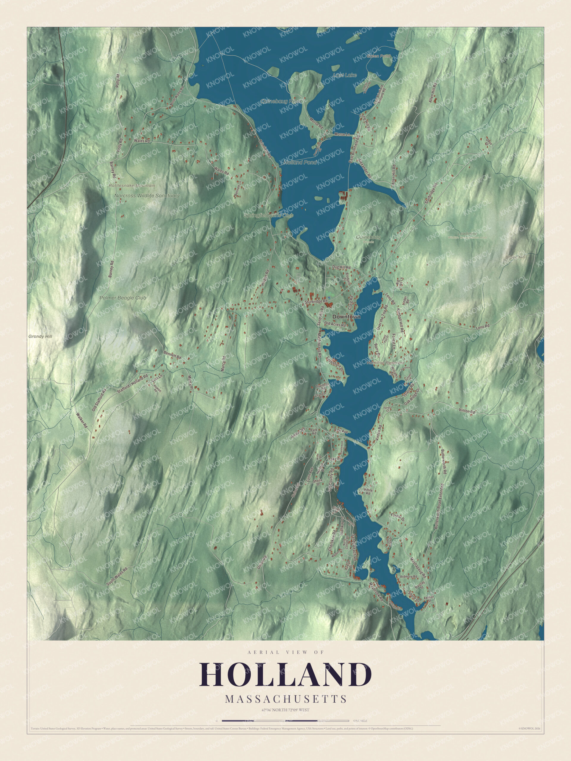 Protected watermarked complete map of Holland, Massachusetts
