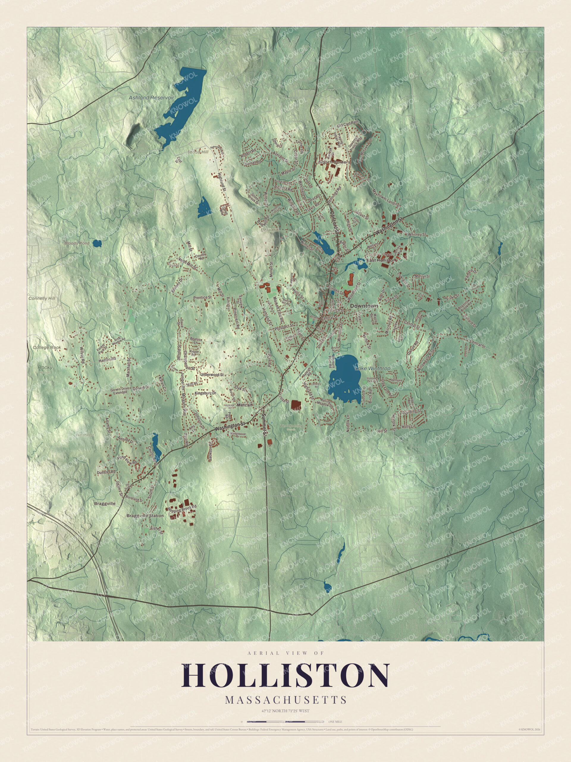 Protected watermarked complete map of Holliston, Massachusetts