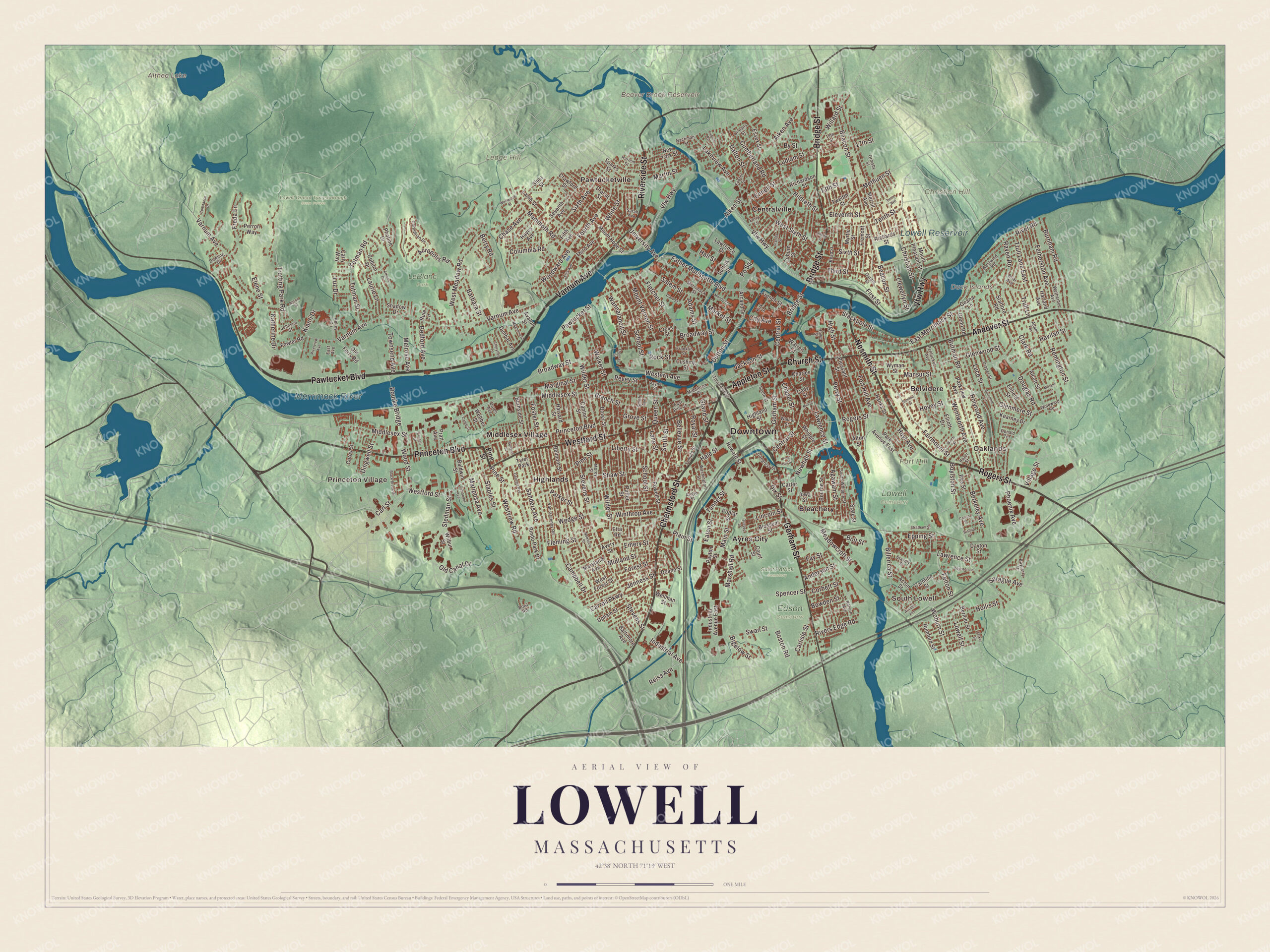 Protected watermarked complete map of Lowell, Massachusetts