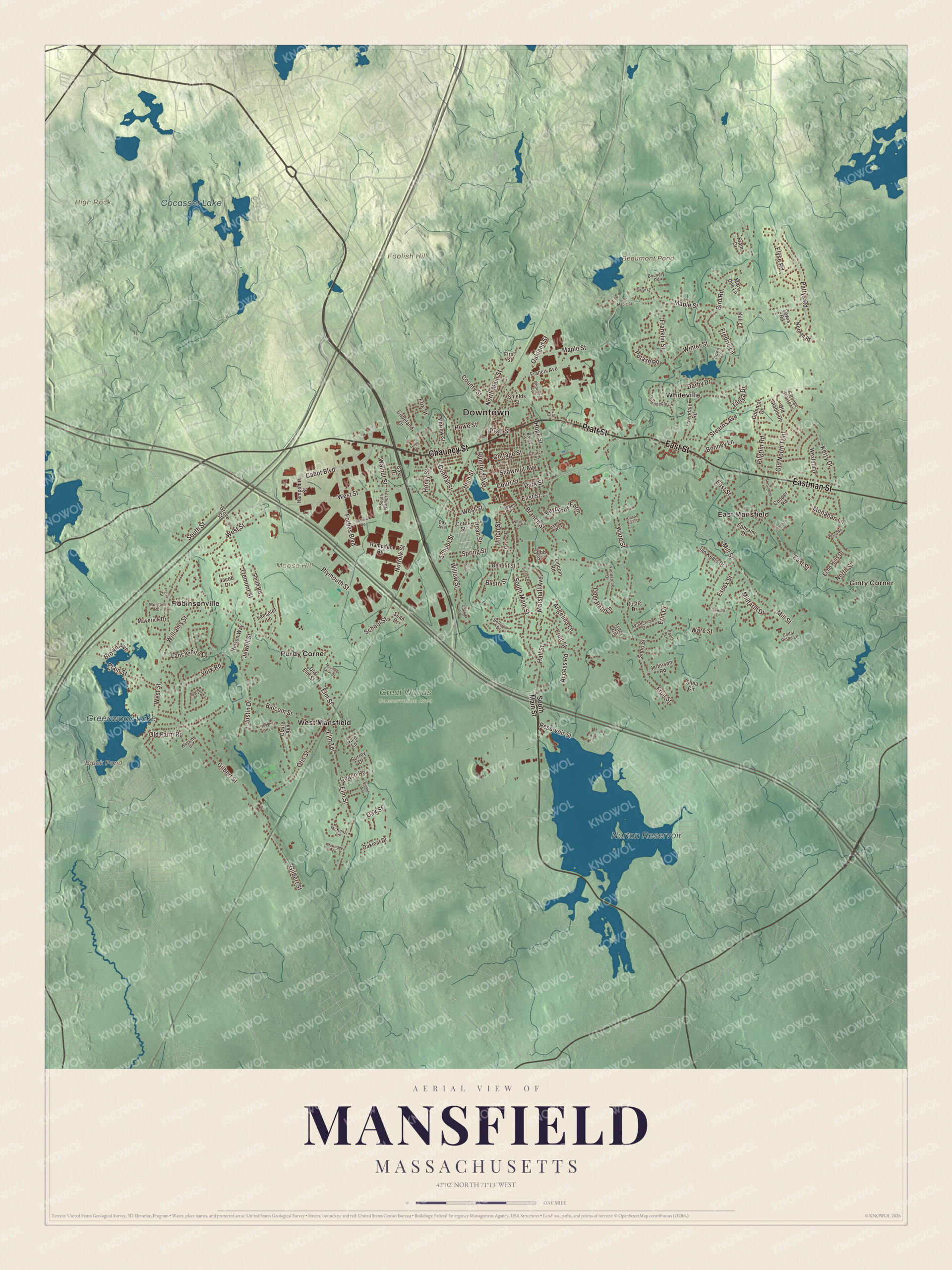 Protected watermarked complete map of Mansfield, Massachusetts
