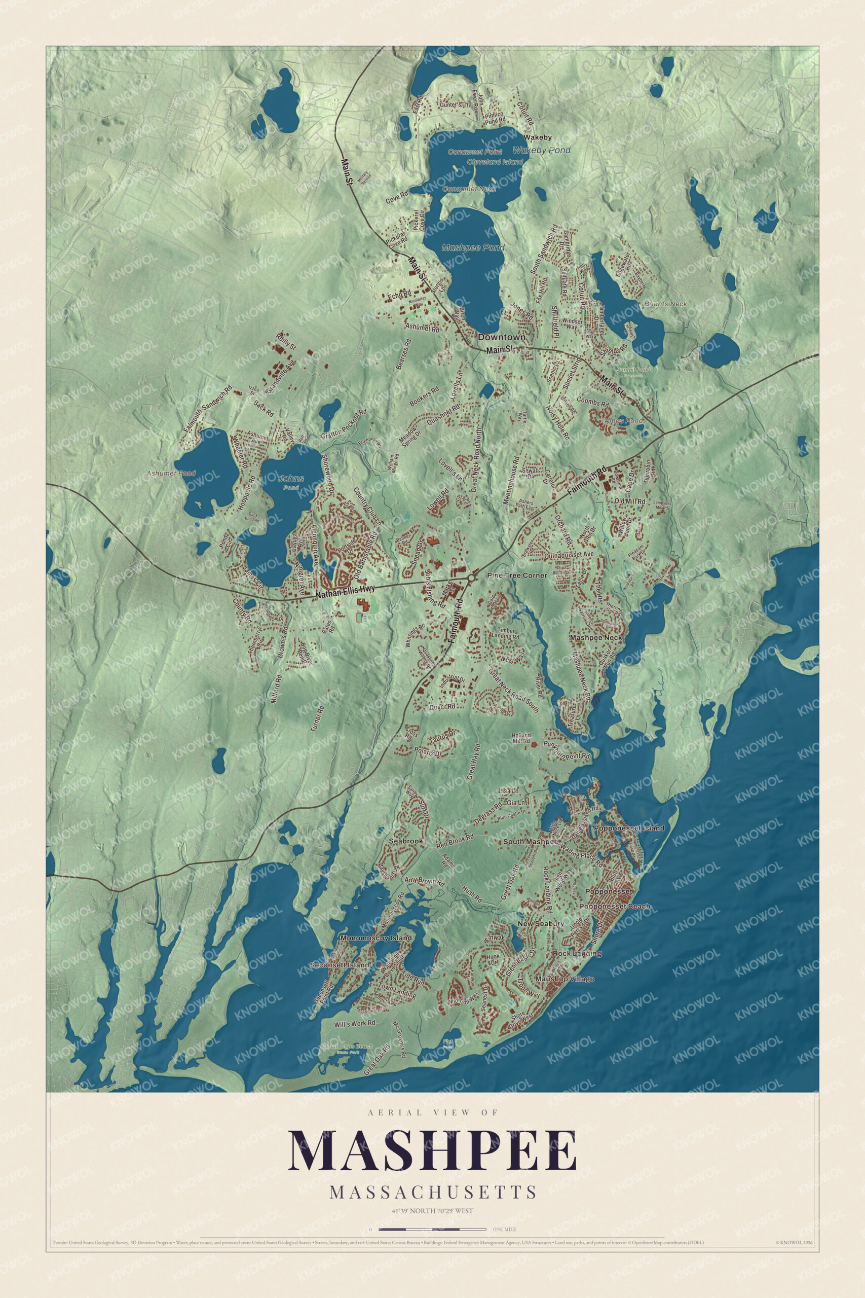 Protected watermarked complete map of Mashpee, Massachusetts