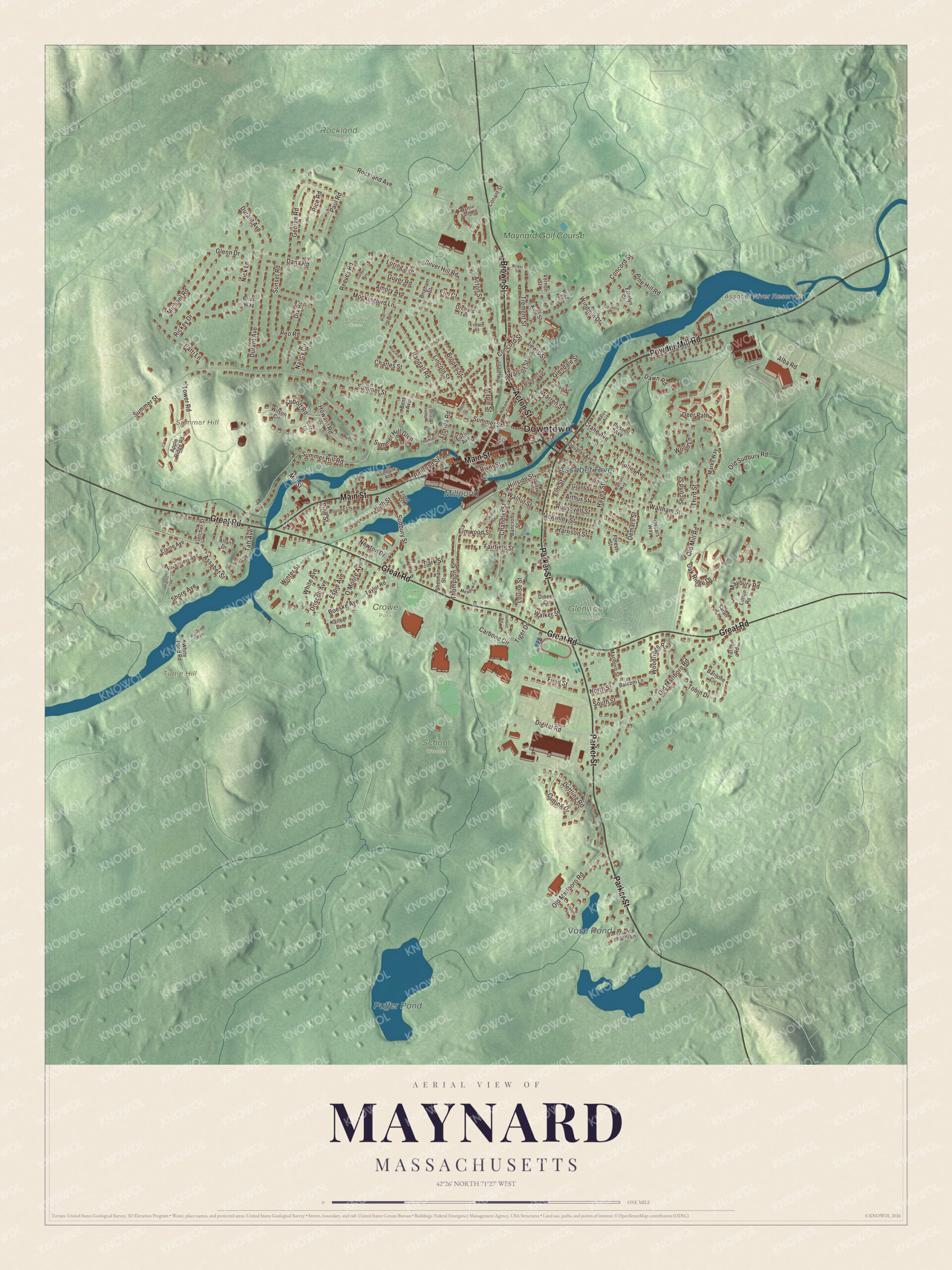 Protected watermarked complete map of Maynard, Massachusetts
