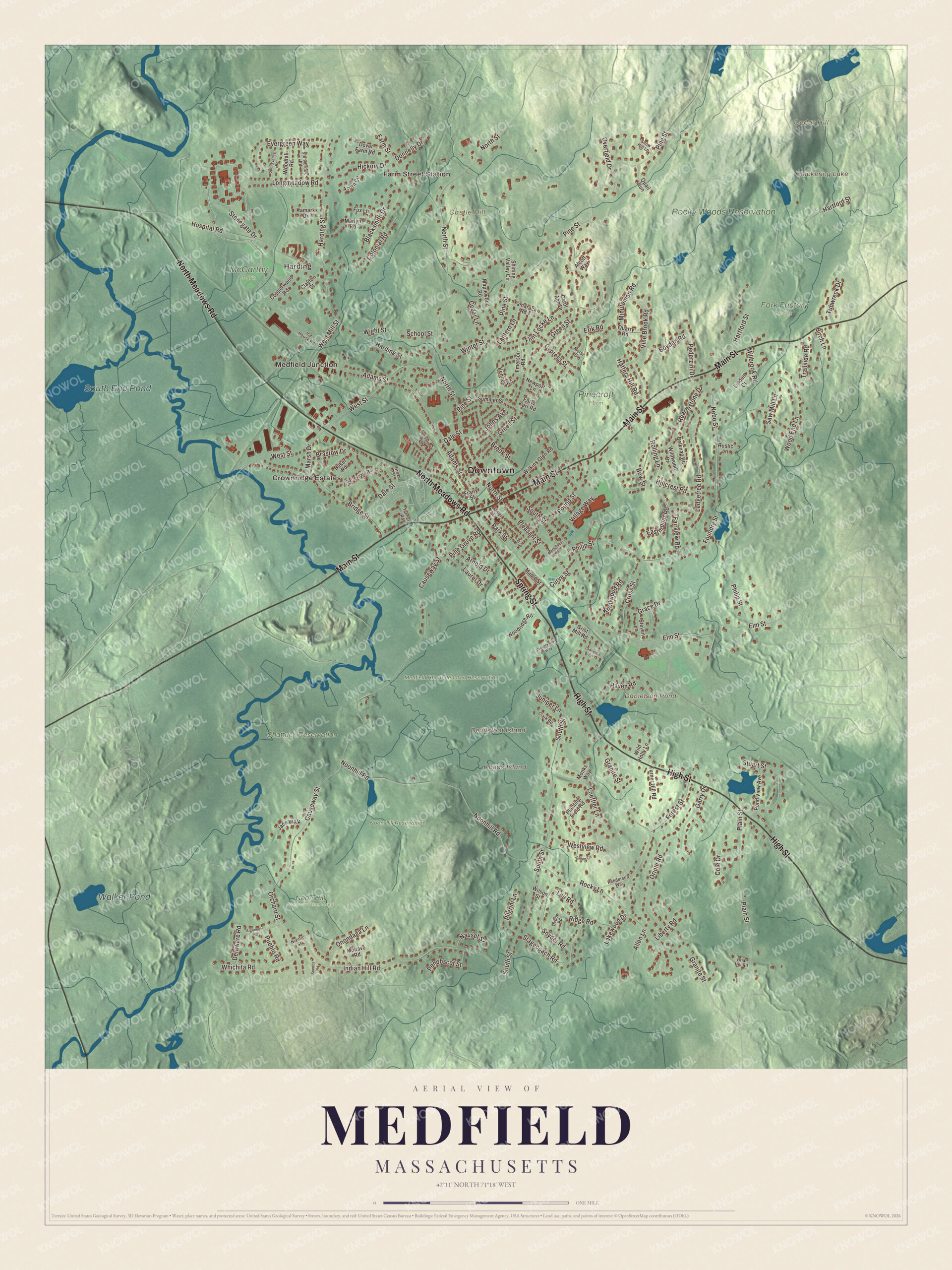 Protected watermarked complete map of Medfield, Massachusetts