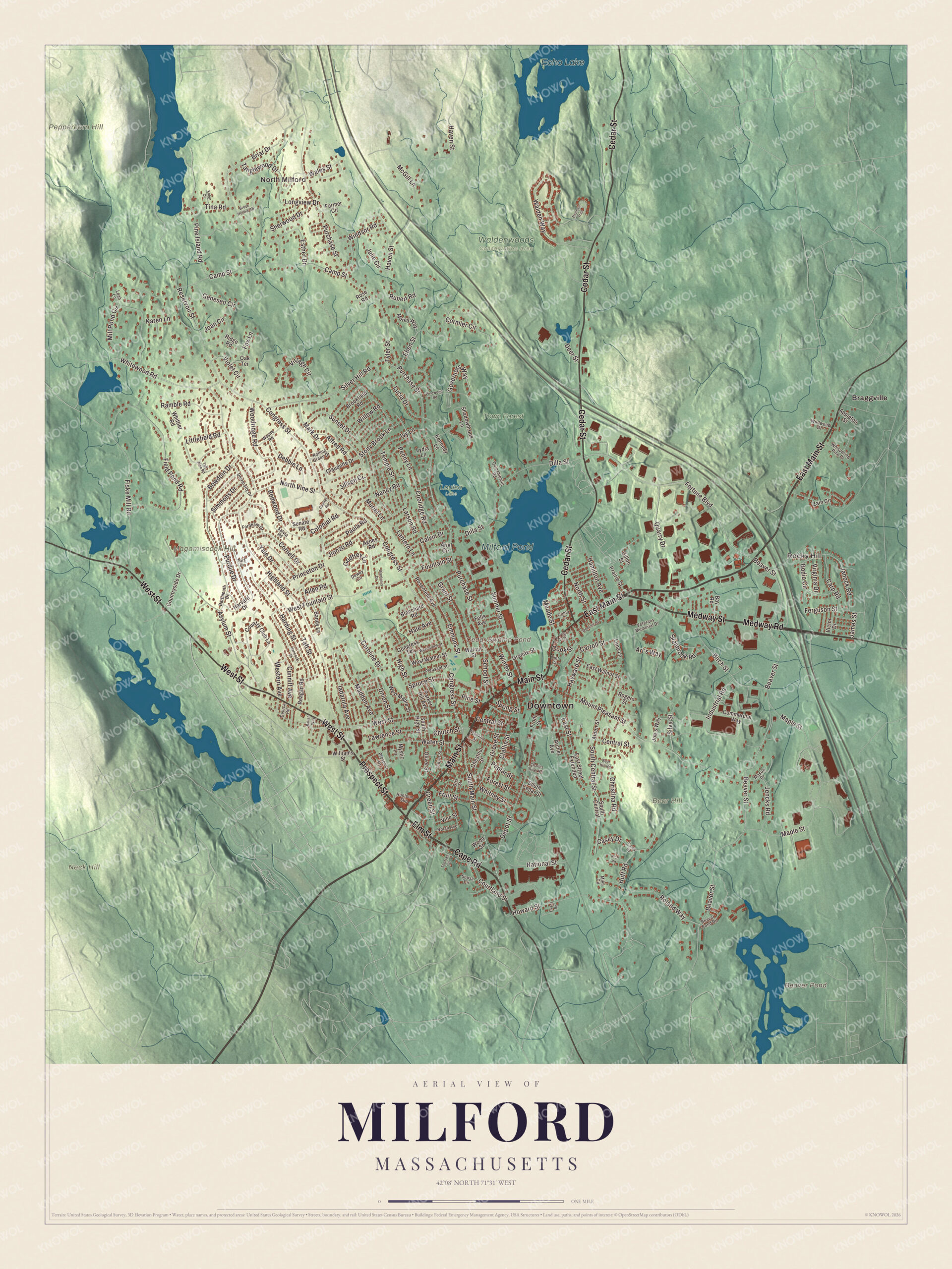 Protected watermarked complete map of Milford, Massachusetts