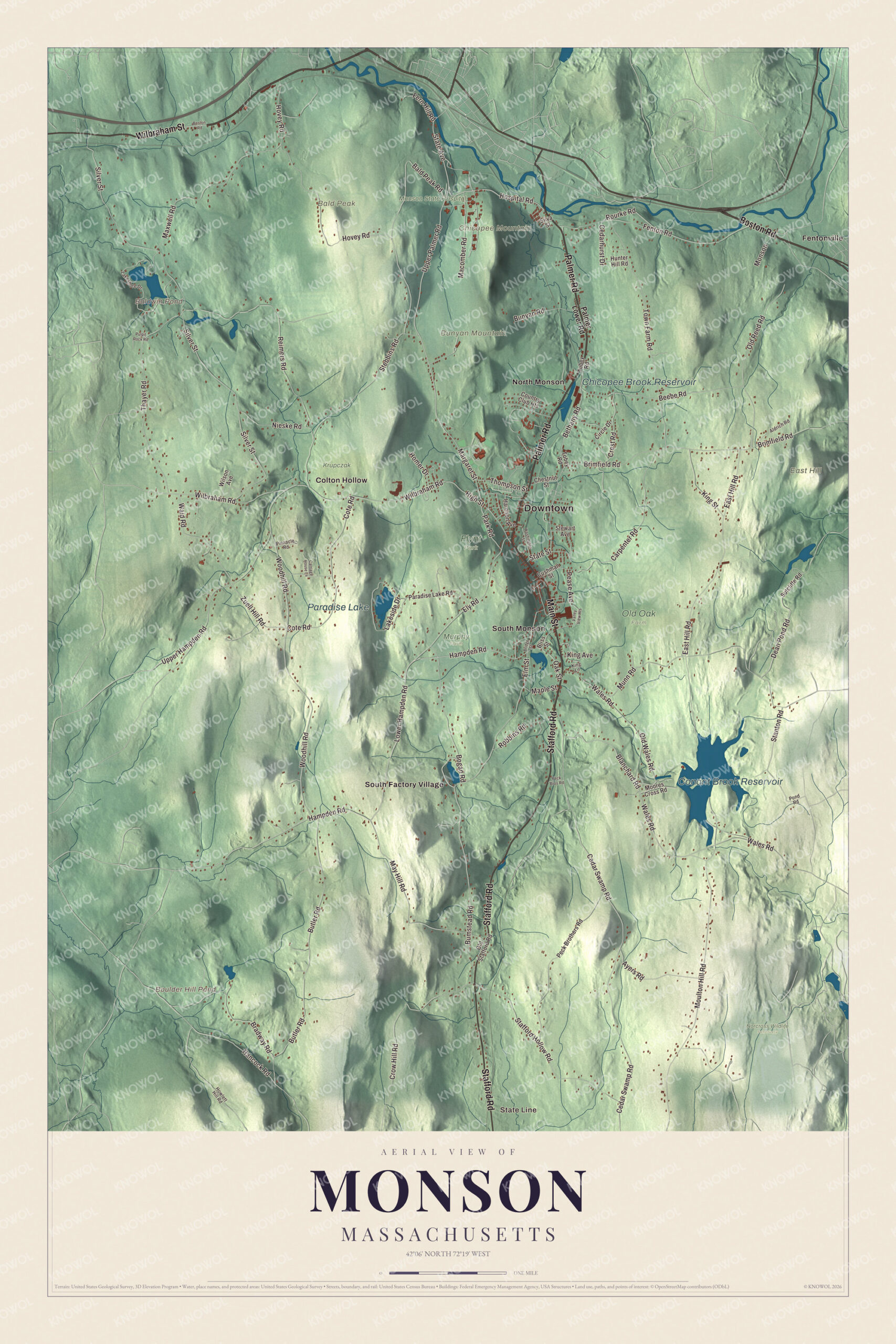 Protected watermarked complete map of Monson, Massachusetts