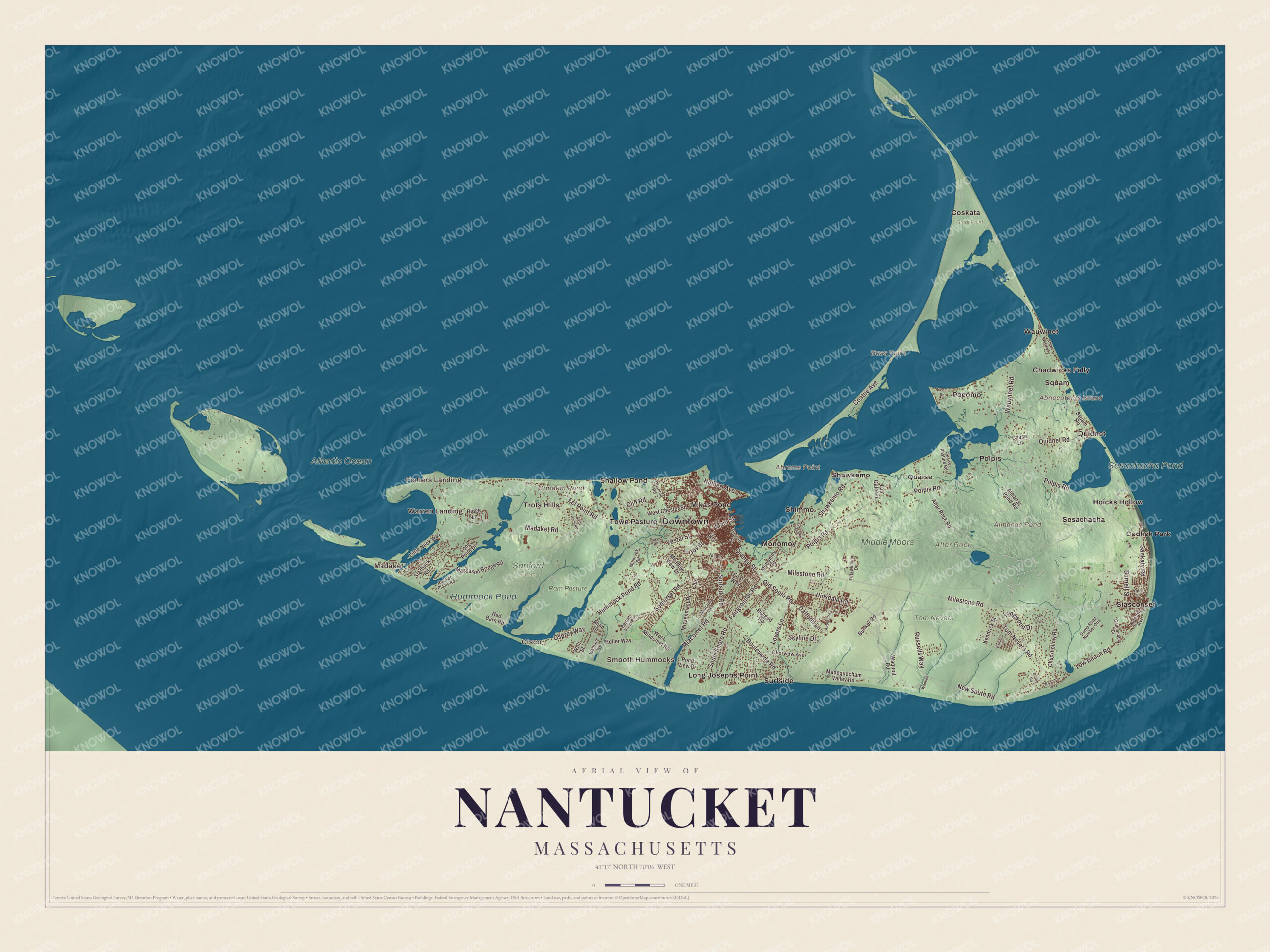Protected watermarked complete map of Nantucket, Massachusetts