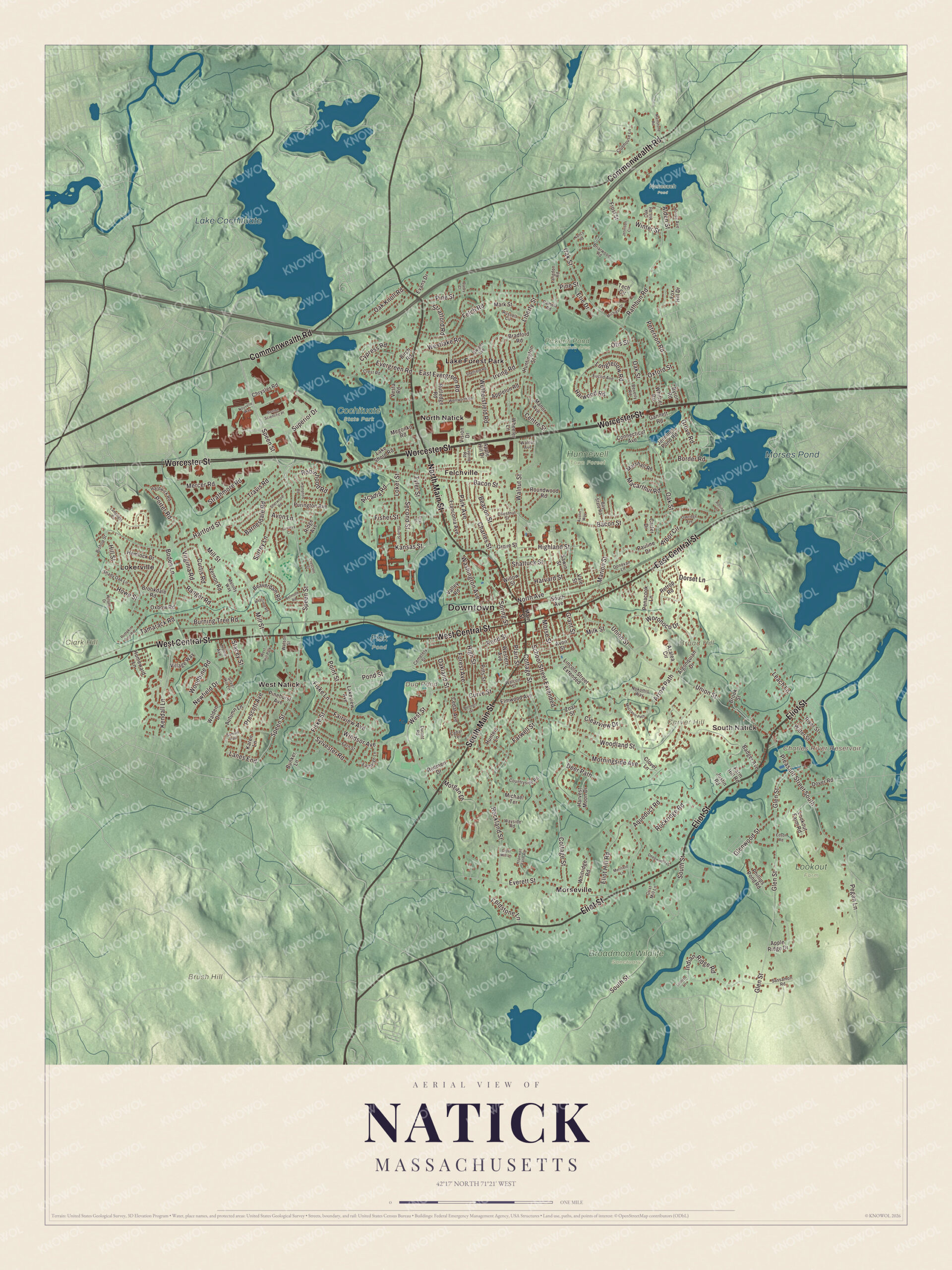 Protected watermarked complete map of Natick, Massachusetts