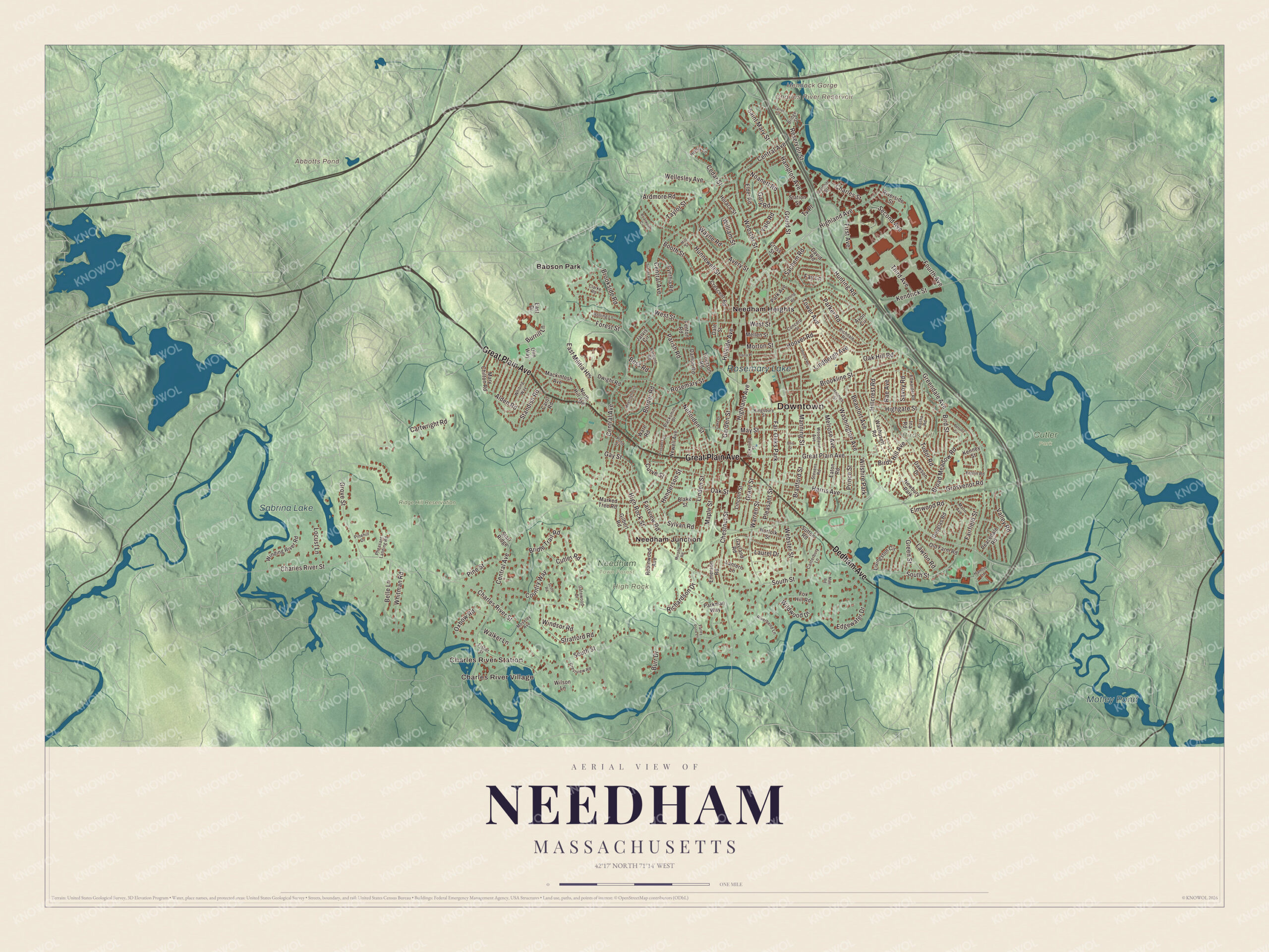 Protected watermarked complete map of Needham, Massachusetts