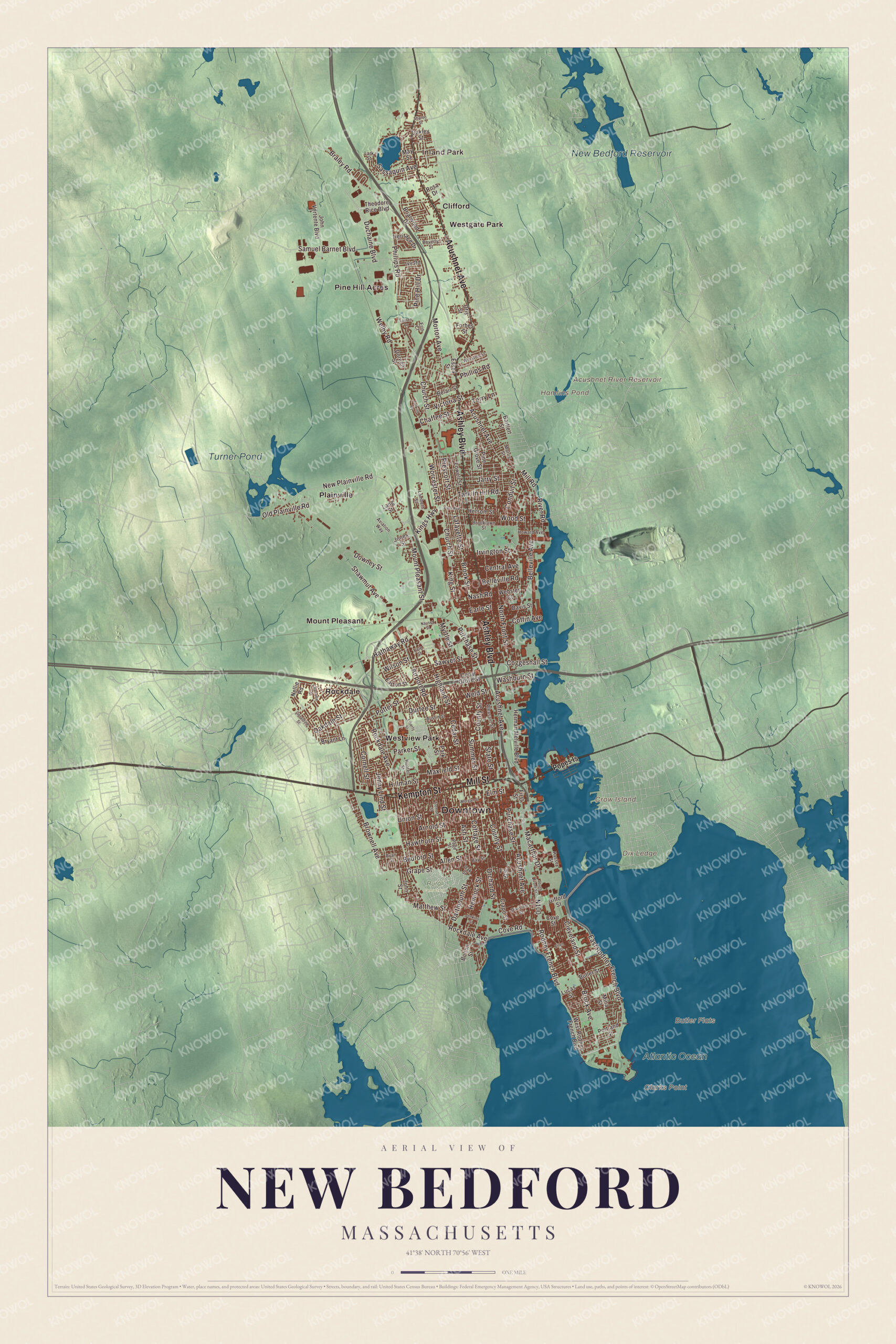 Protected watermarked complete map of New Bedford, Massachusetts