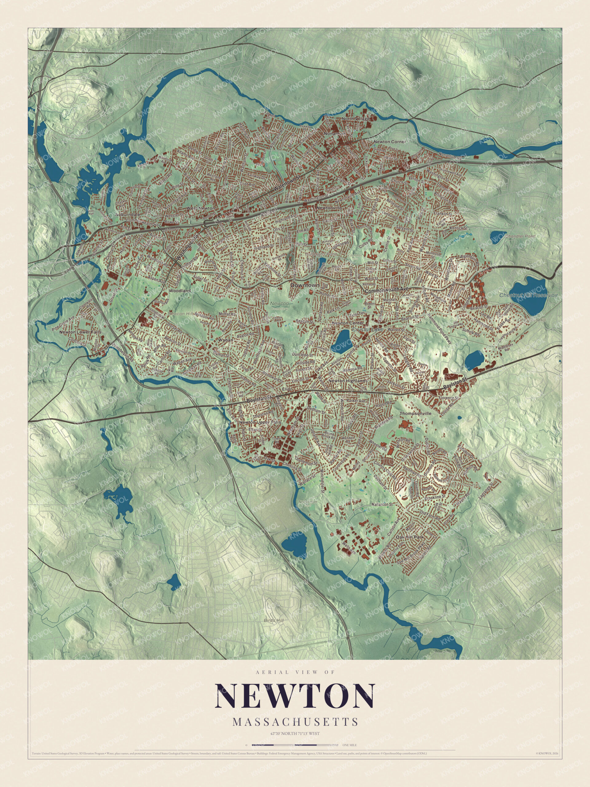 Protected watermarked complete map of Newton, Massachusetts