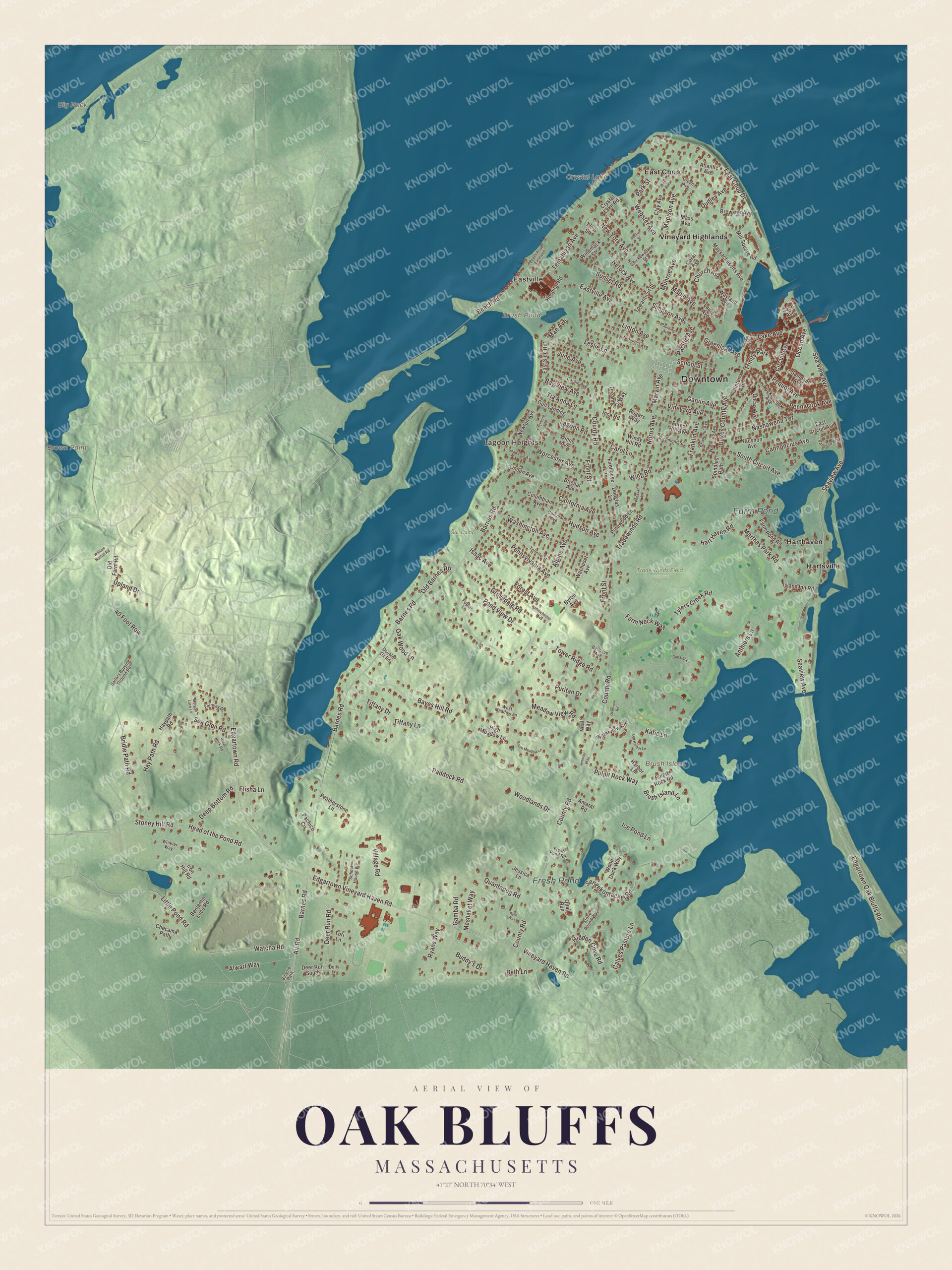 Protected watermarked complete map of Oak Bluffs, Massachusetts