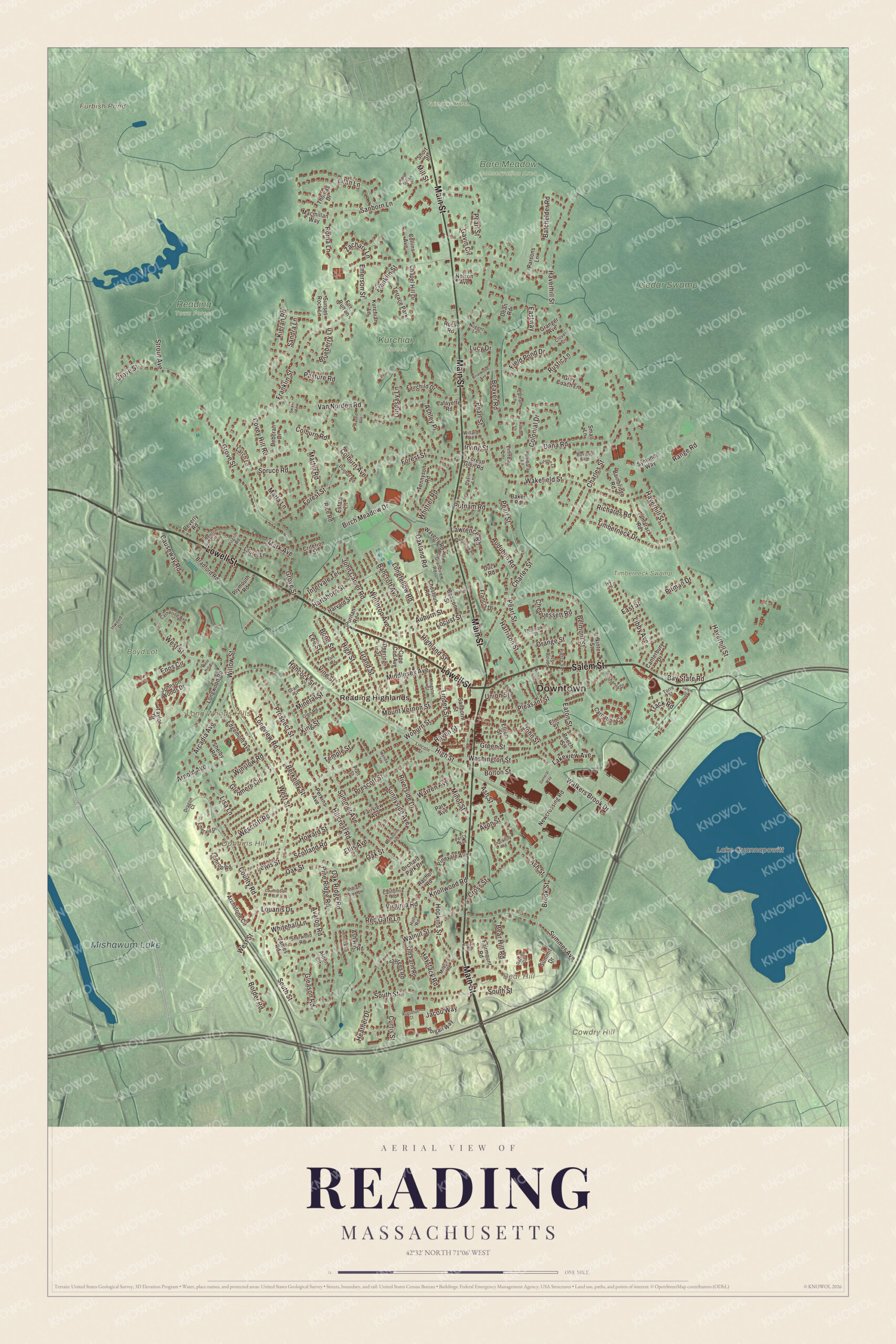 Protected watermarked complete map of Reading, Massachusetts