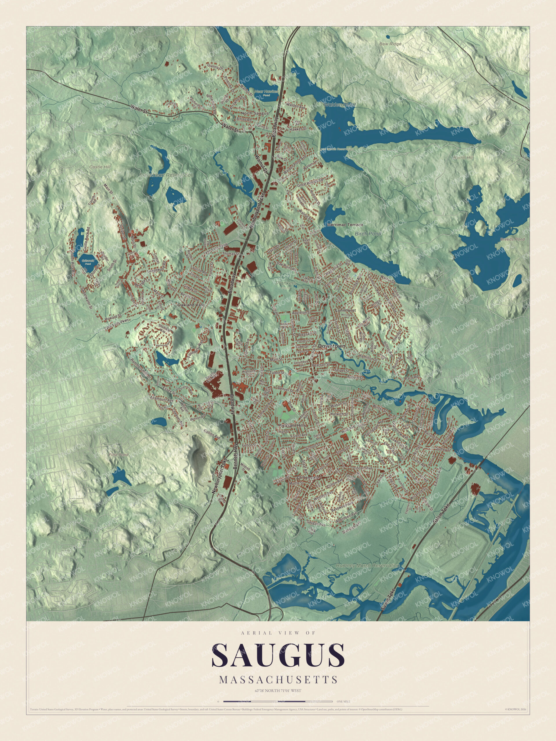 Protected watermarked complete map of Saugus, Massachusetts