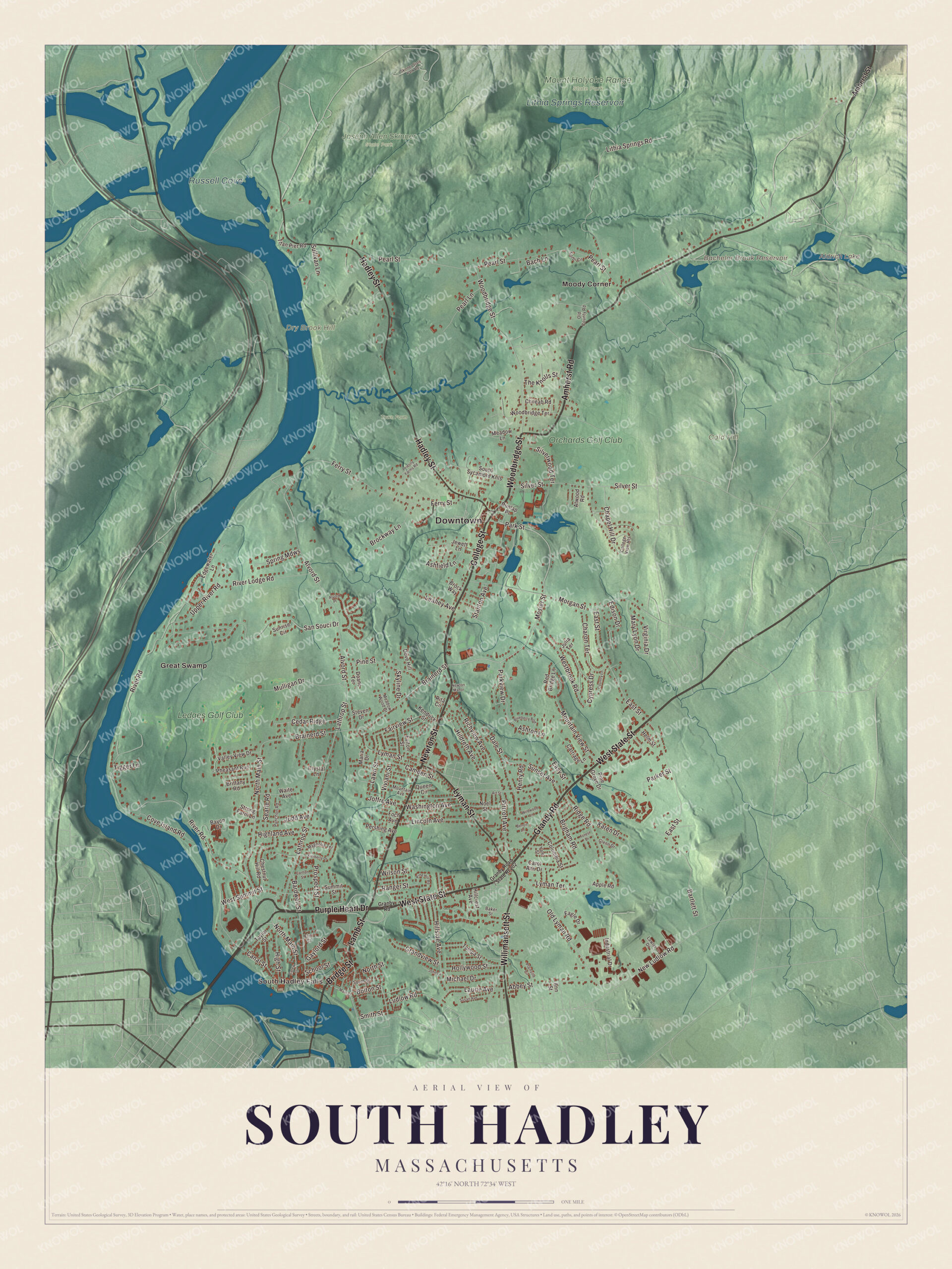 Protected watermarked complete map of South Hadley, Massachusetts