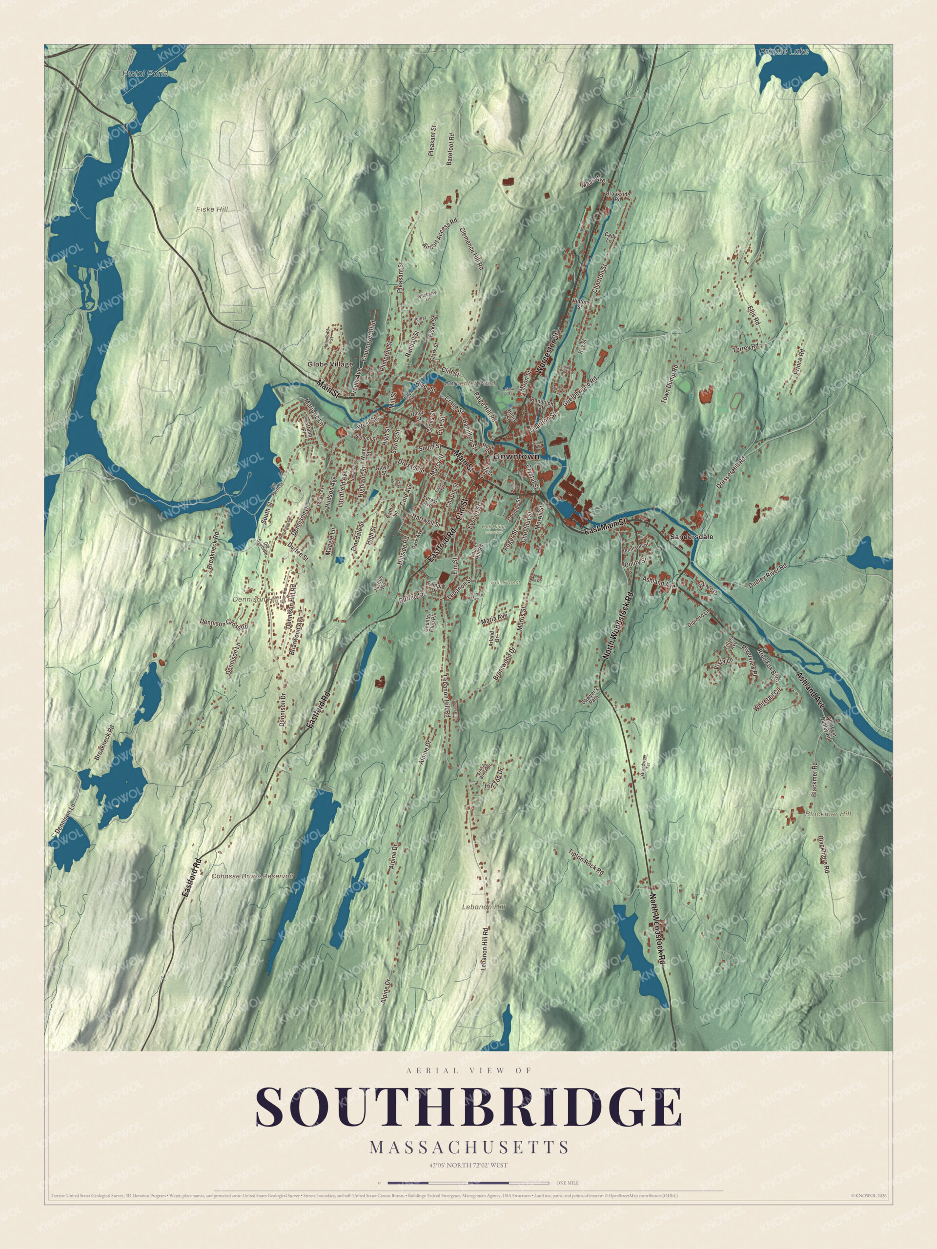 Protected watermarked complete map of Southbridge, Massachusetts