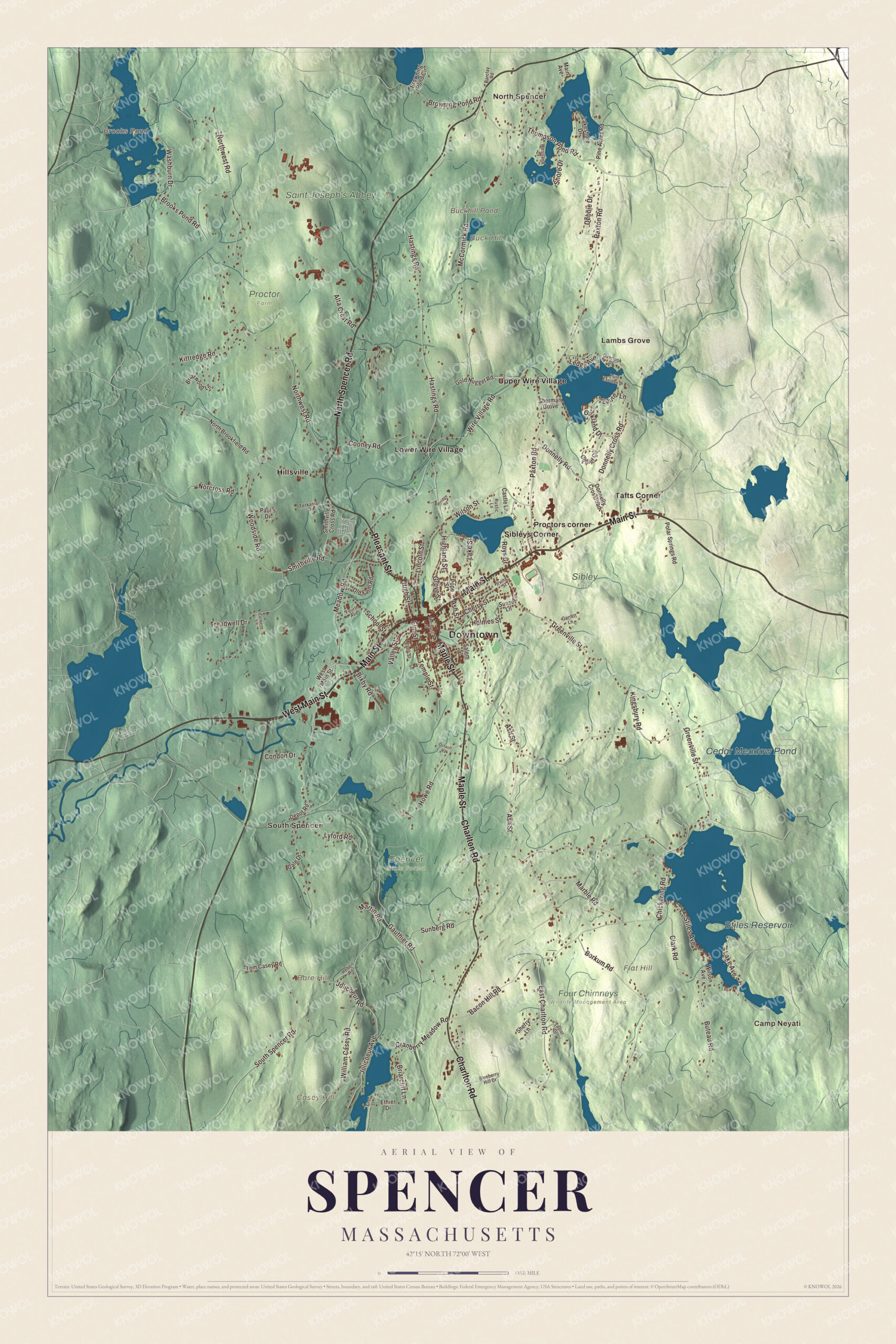 Protected watermarked complete map of Spencer, Massachusetts